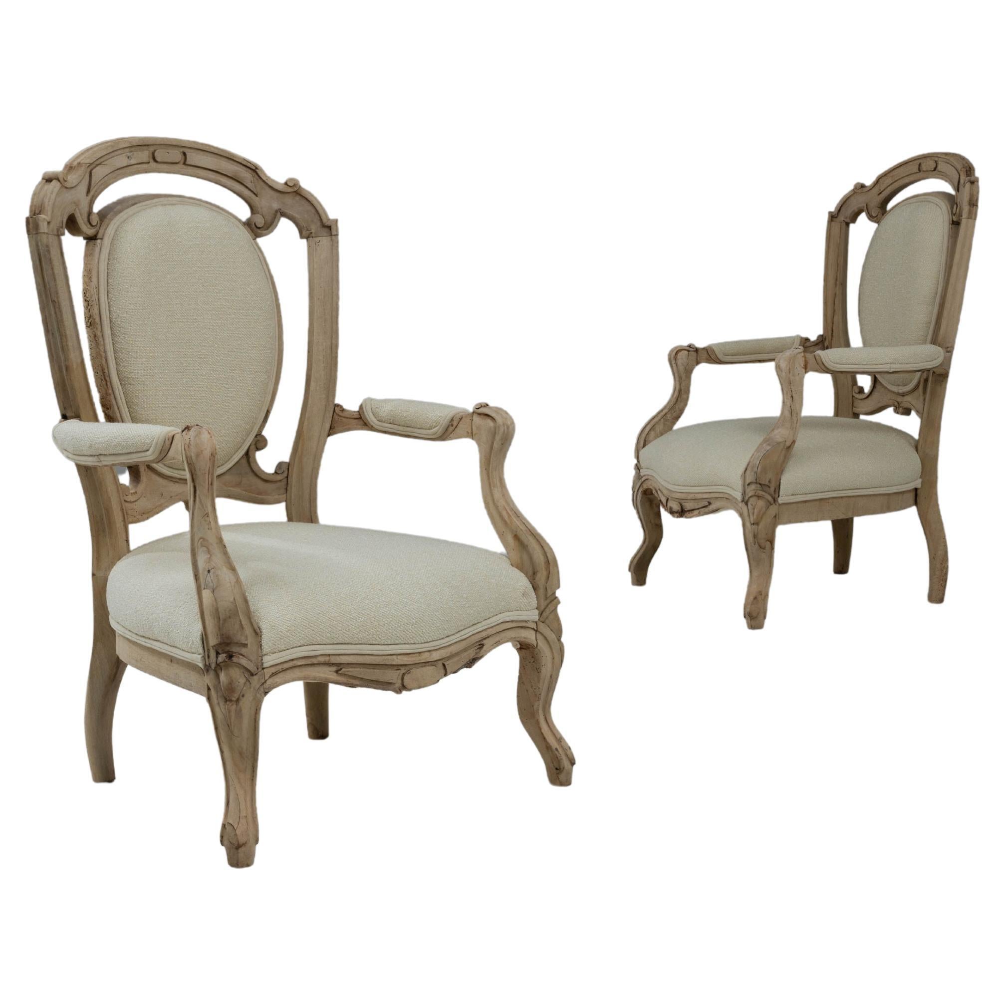 19th Century French Bleached Oak Upholstered Armchairs, a Pair For Sale