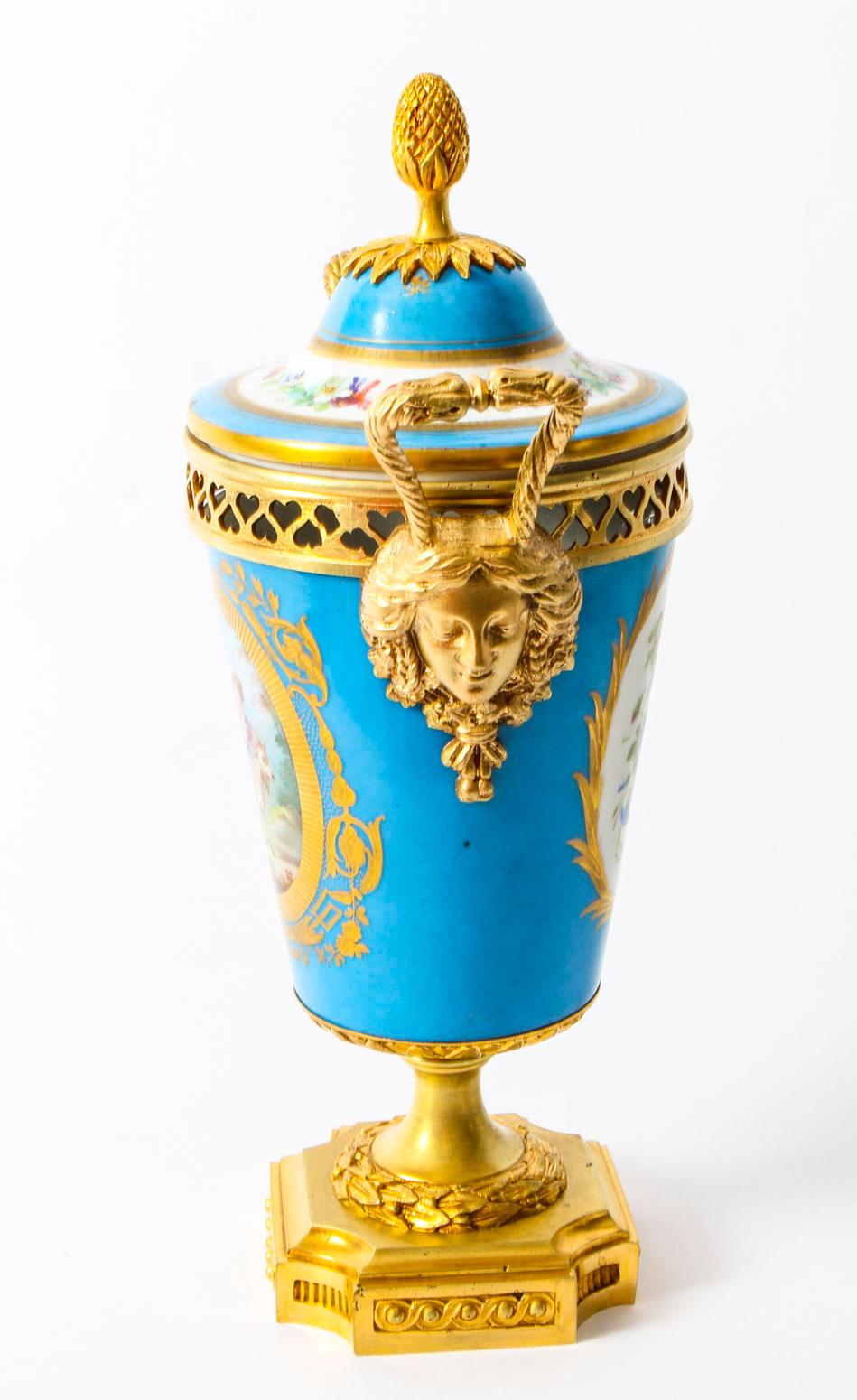 19th Century French Bleu Celeste Ormolu Mounted Sevres Lidded Vase 1