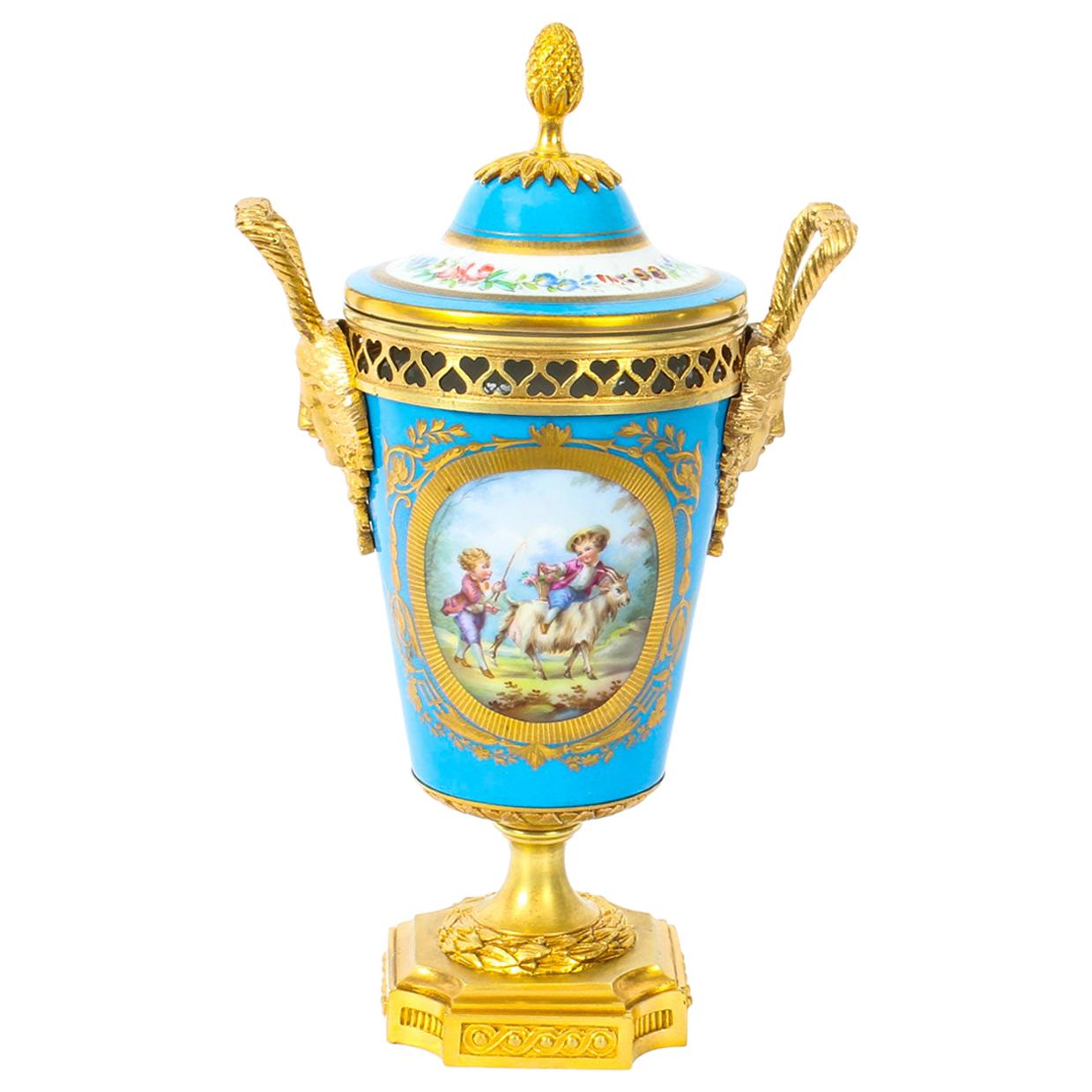 19th Century French Bleu Celeste Ormolu Mounted Sevres Lidded Vase