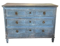 19th Century French Blu Painted Louis XVI Chest of Drawers In Oak