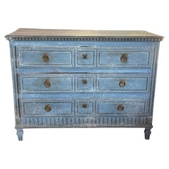 19th Century French Blu Painted Louis XVI Chest of Drawers In Oak