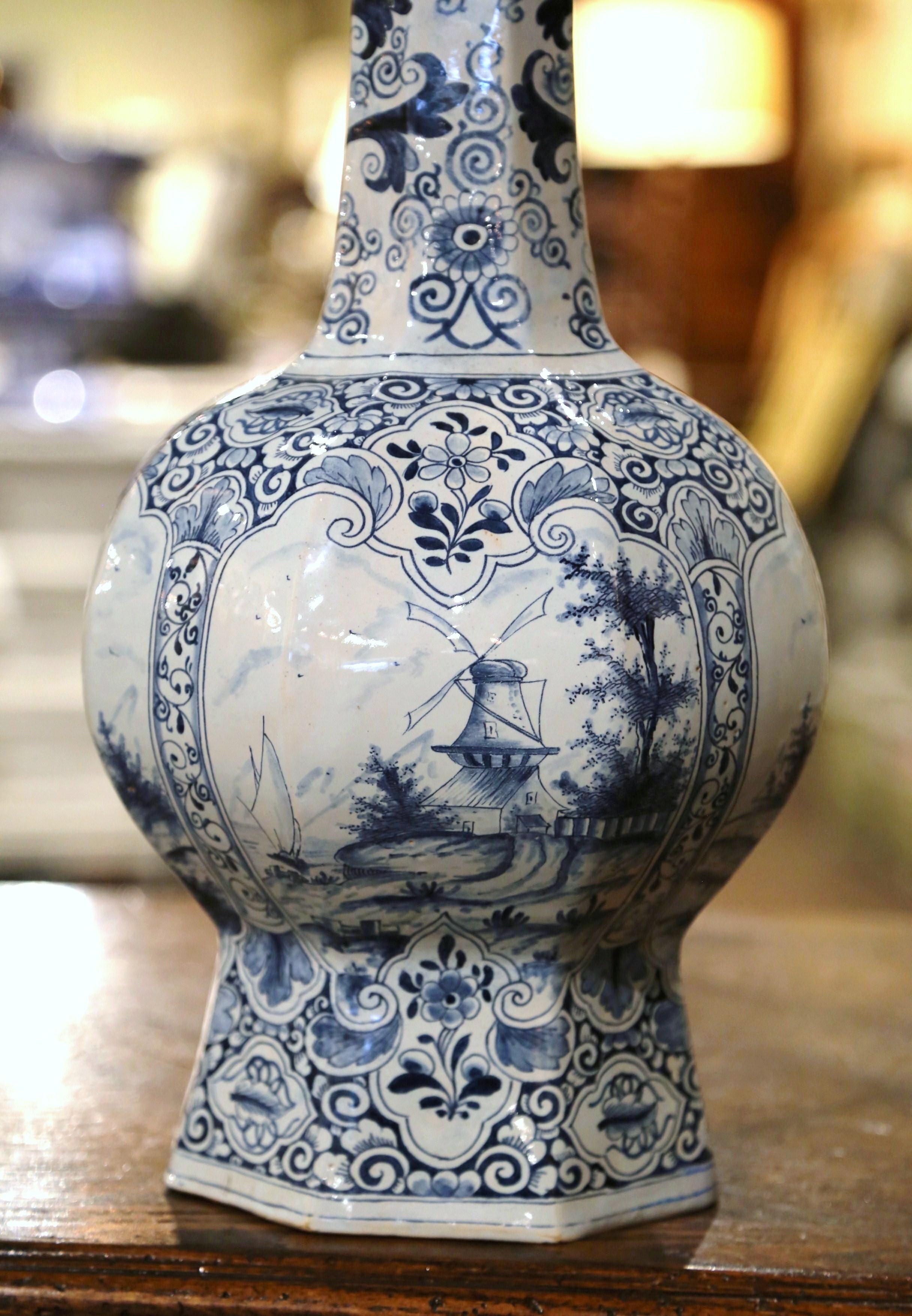 Hand-Crafted 19th Century French Blue and White Delft Faience Vase with Windmill Scenes For Sale