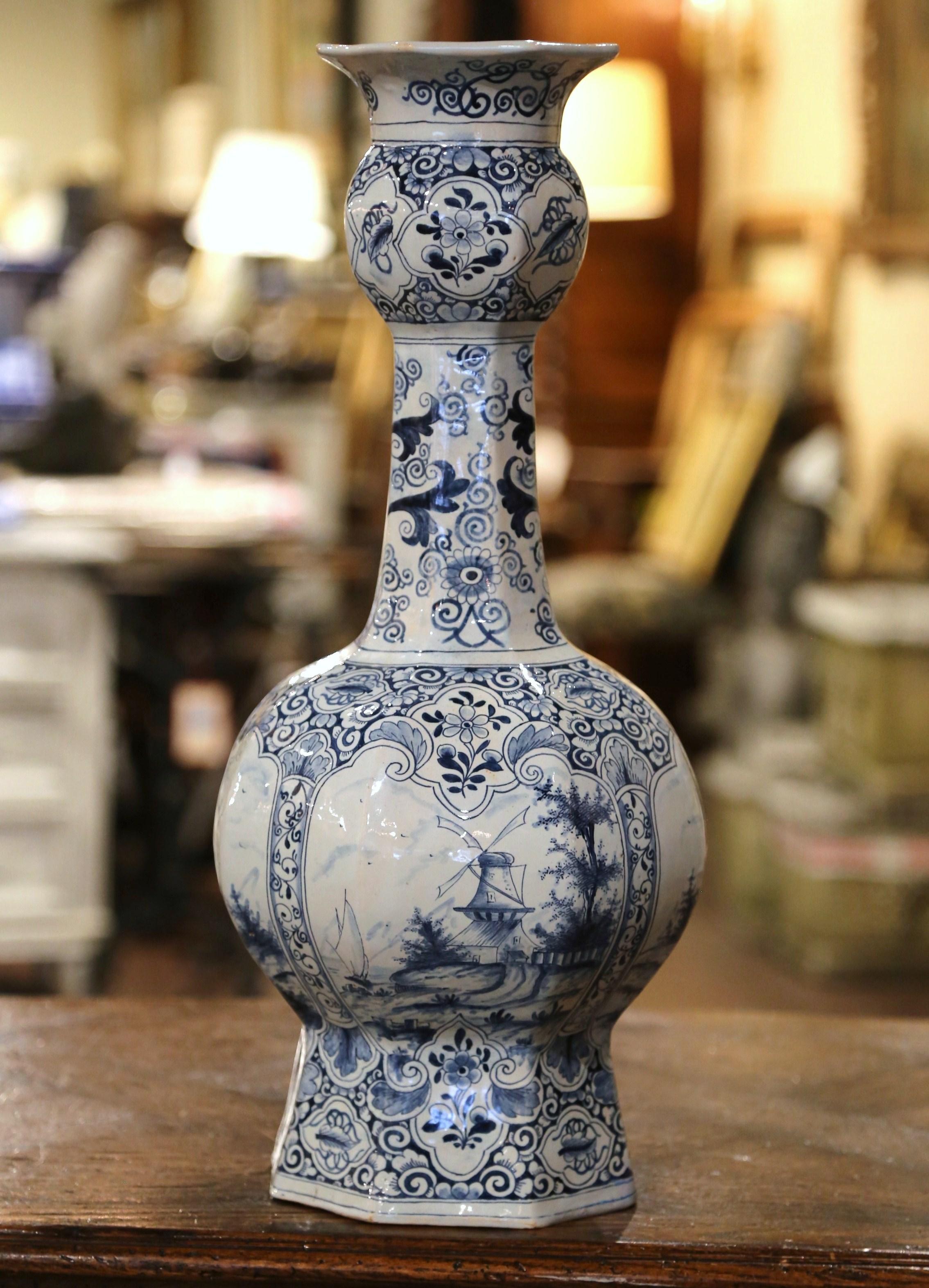 19th Century French Blue and White Delft Faience Vase with Windmill Scenes For Sale 2