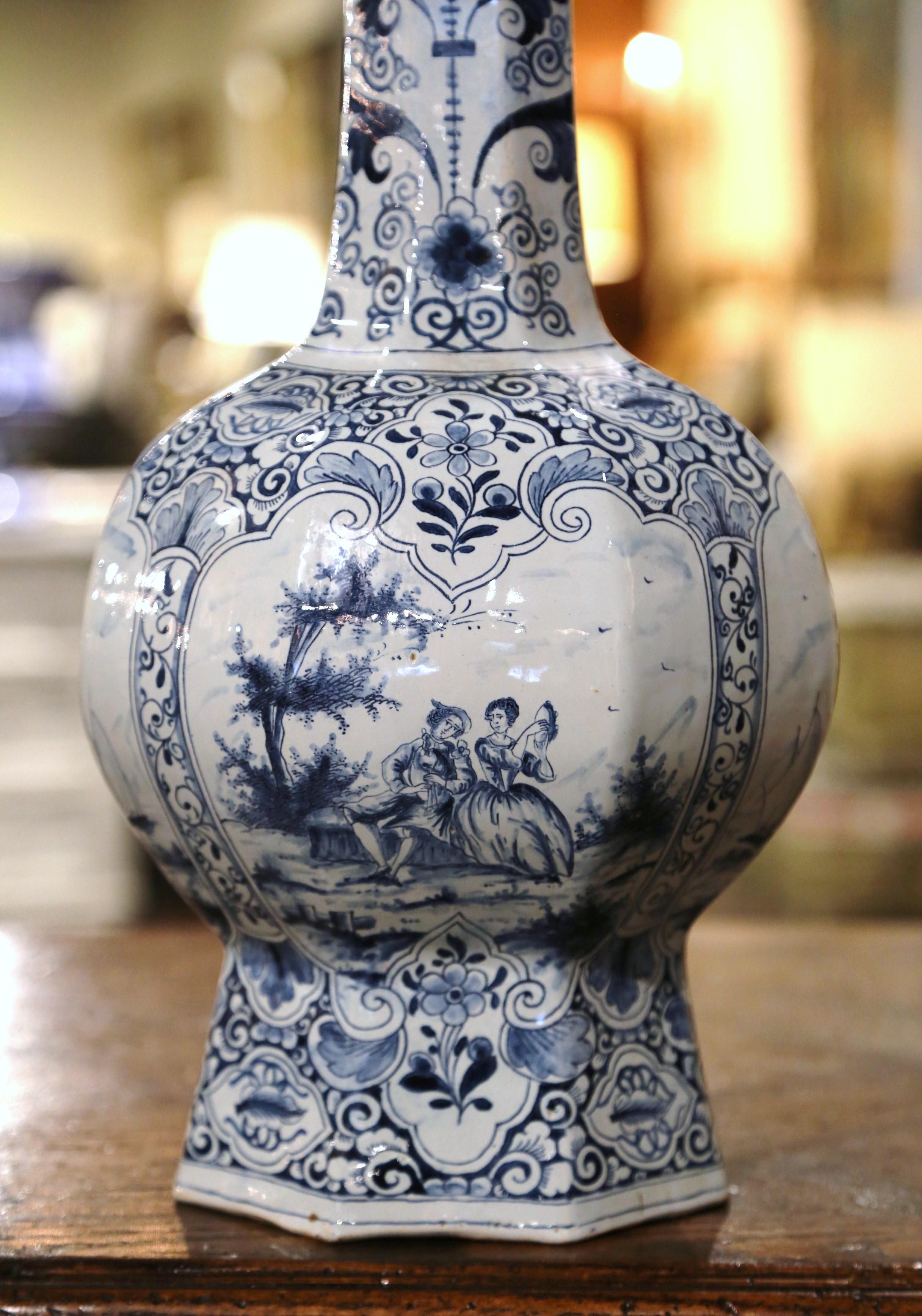 19th Century French Blue and White Delft Faience Vase with Windmill Scenes For Sale 3