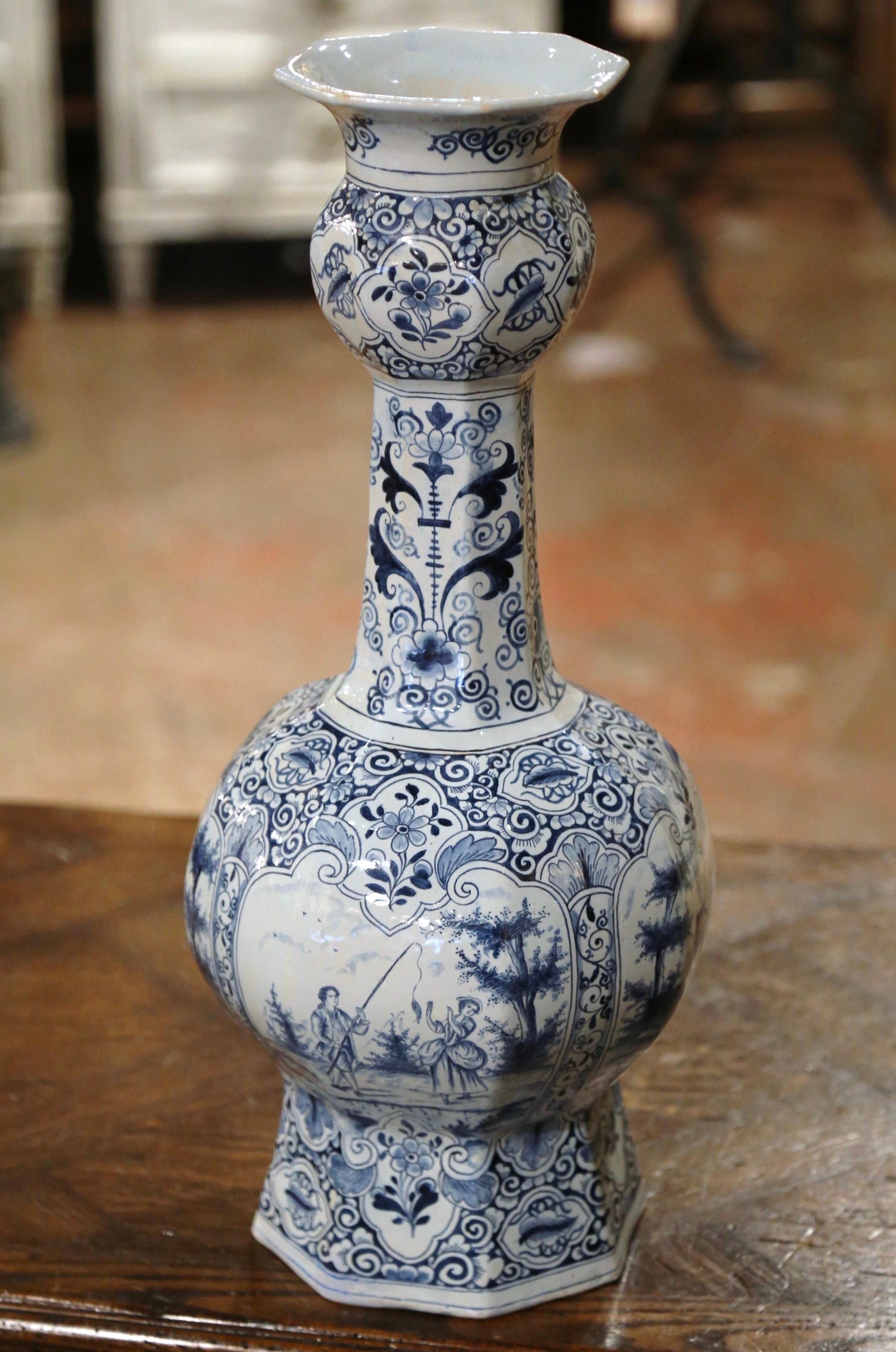 19th Century French Blue and White Delft Faience Vase with Windmill Scenes For Sale 4