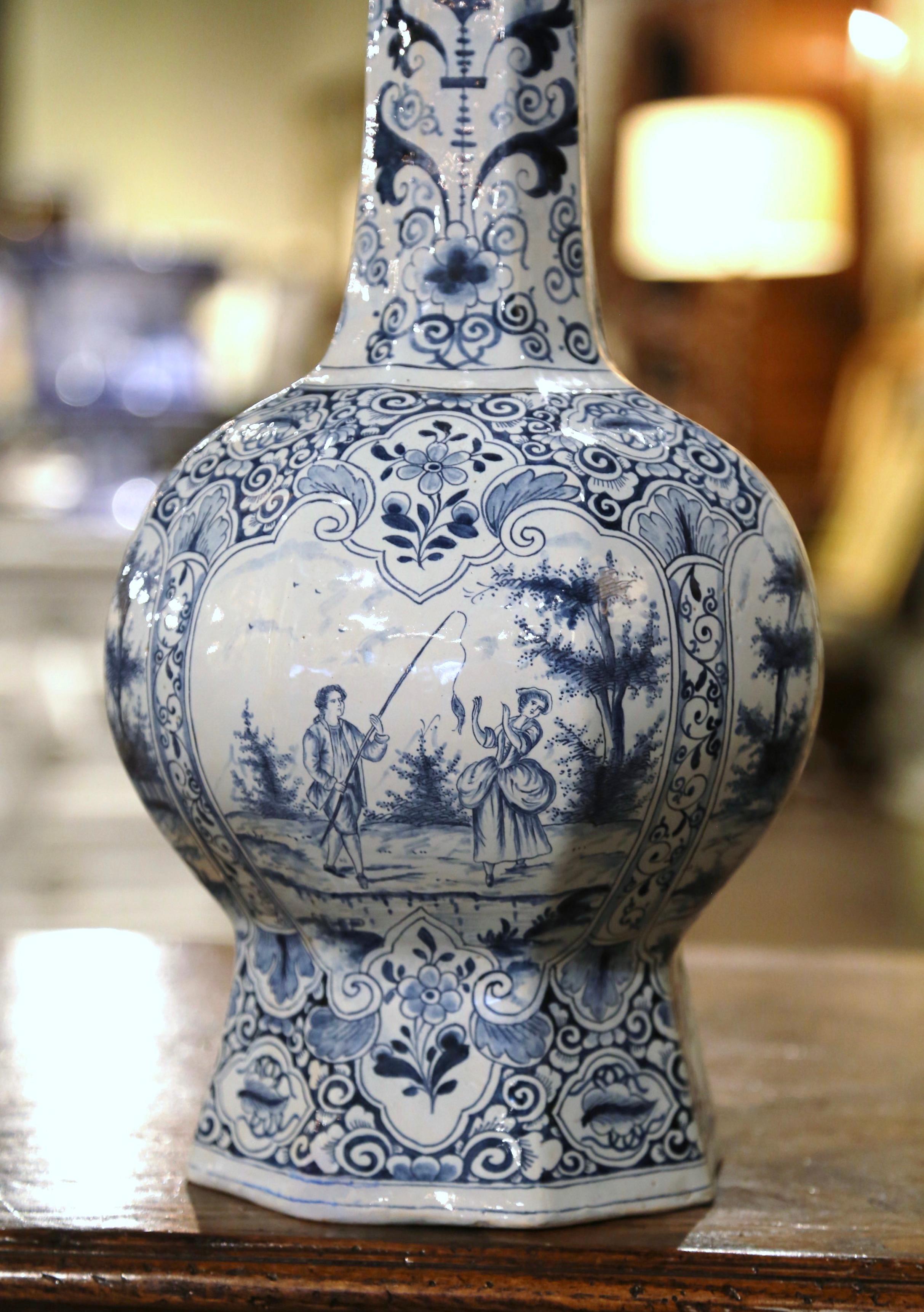 19th Century French Blue and White Delft Faience Vase with Windmill Scenes For Sale 5