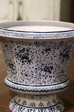 19th Century French Blue and White Faience Cache Pot with Floral and Bird Motifs