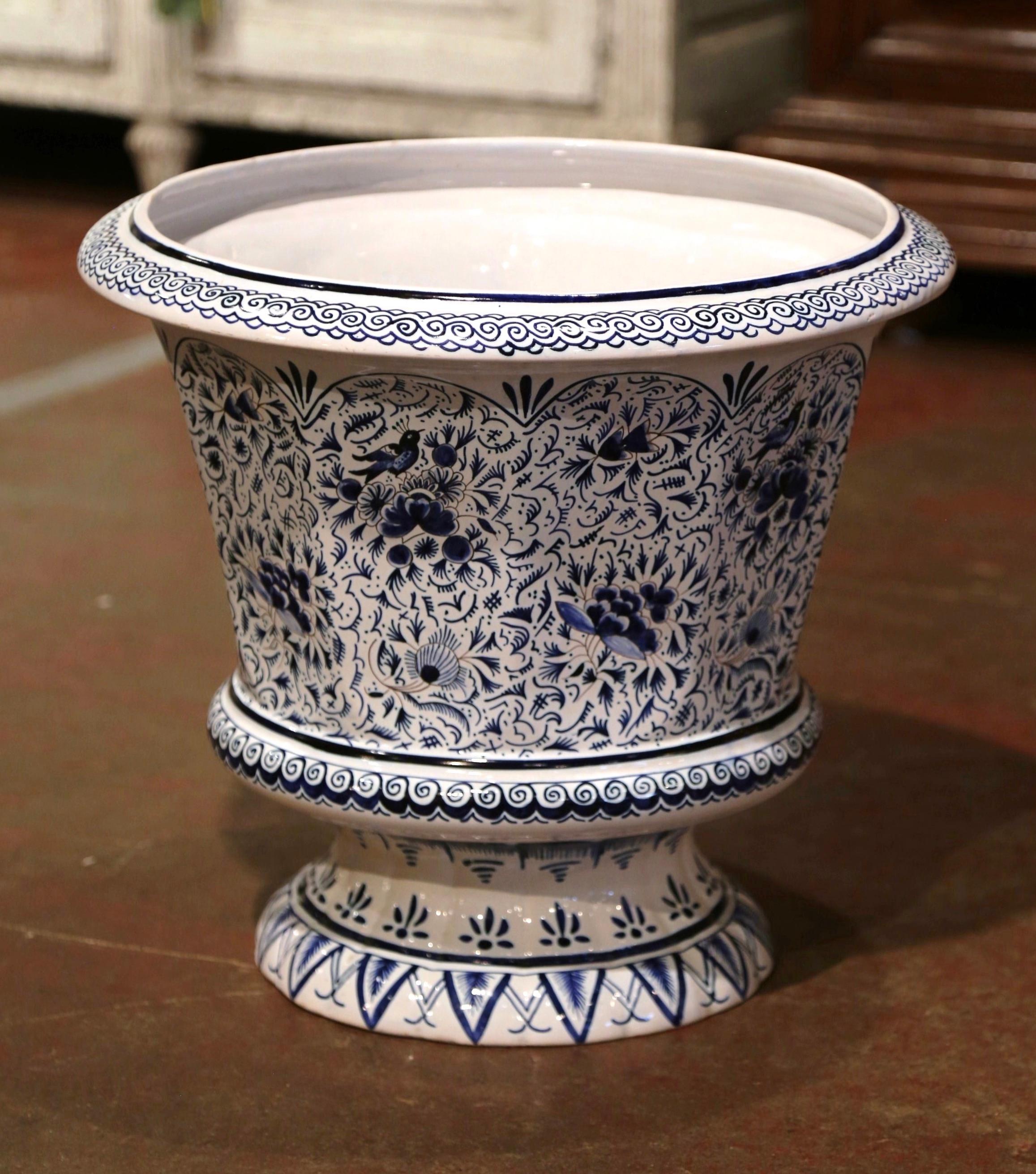 Hand-Crafted 19th Century French Blue and White Faience Cache Pot with Floral and Bird Motifs