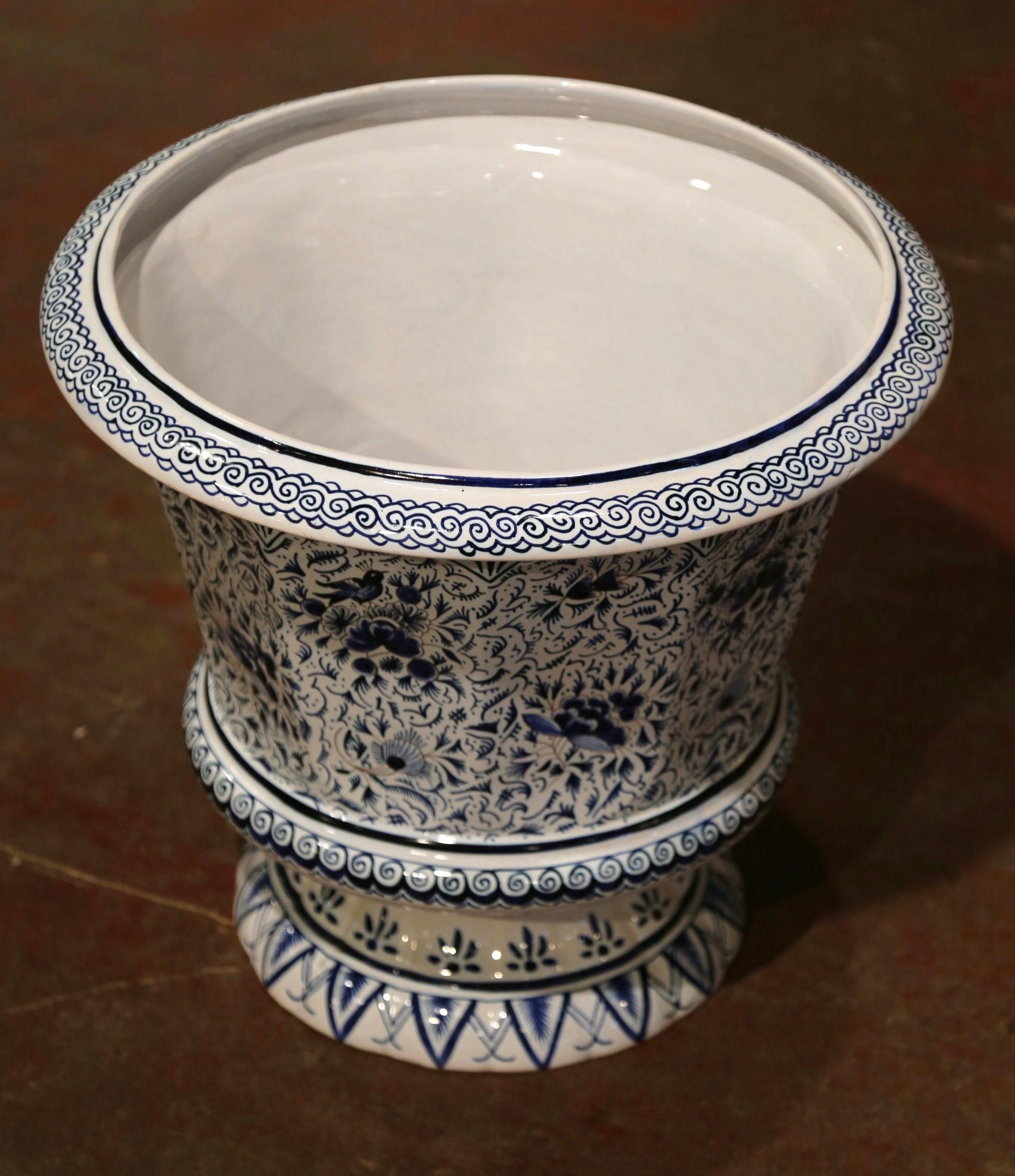 19th Century French Blue and White Faience Cache Pot with Floral and Bird Motifs In Excellent Condition In Dallas, TX