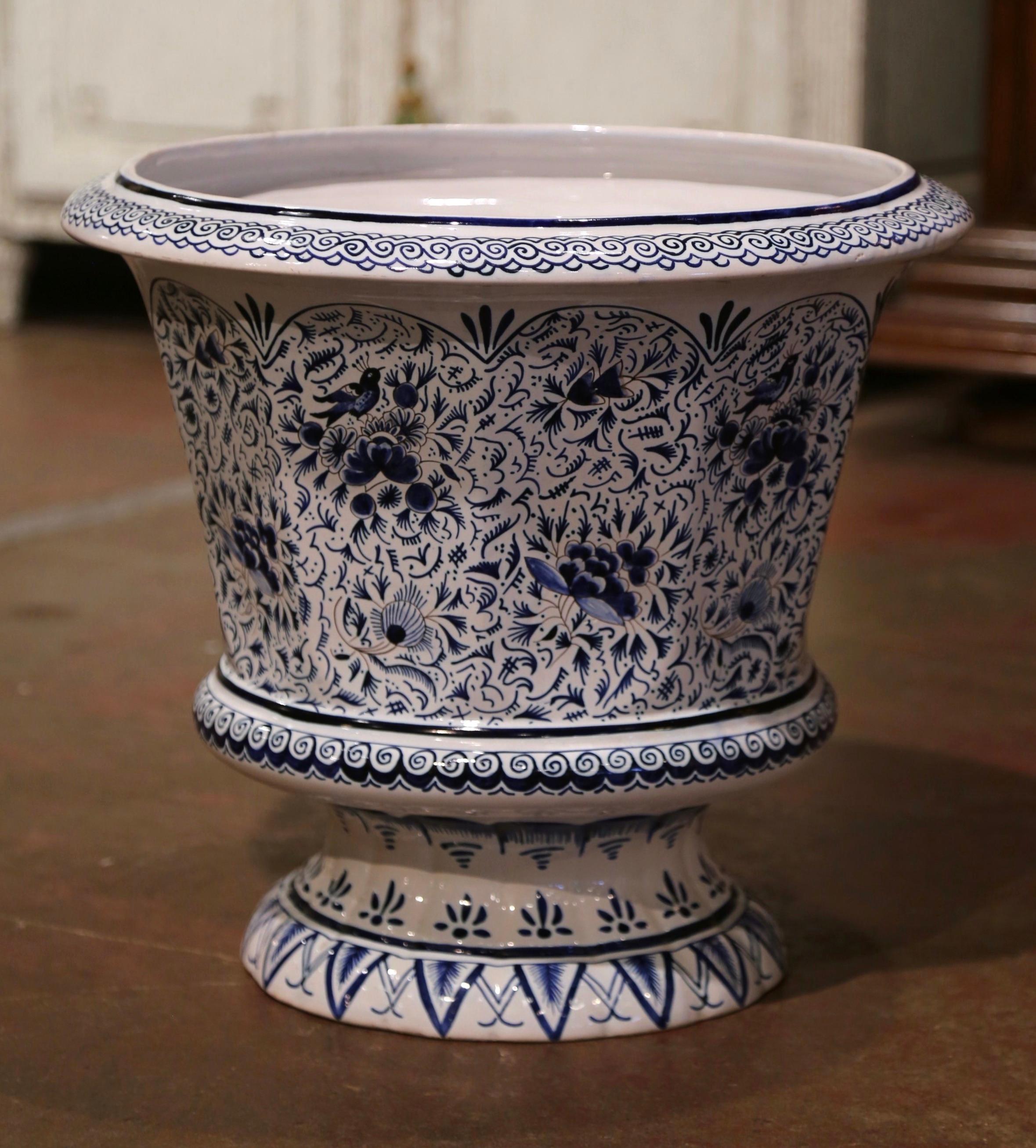 Ceramic 19th Century French Blue and White Faience Cache Pot with Floral and Bird Motifs
