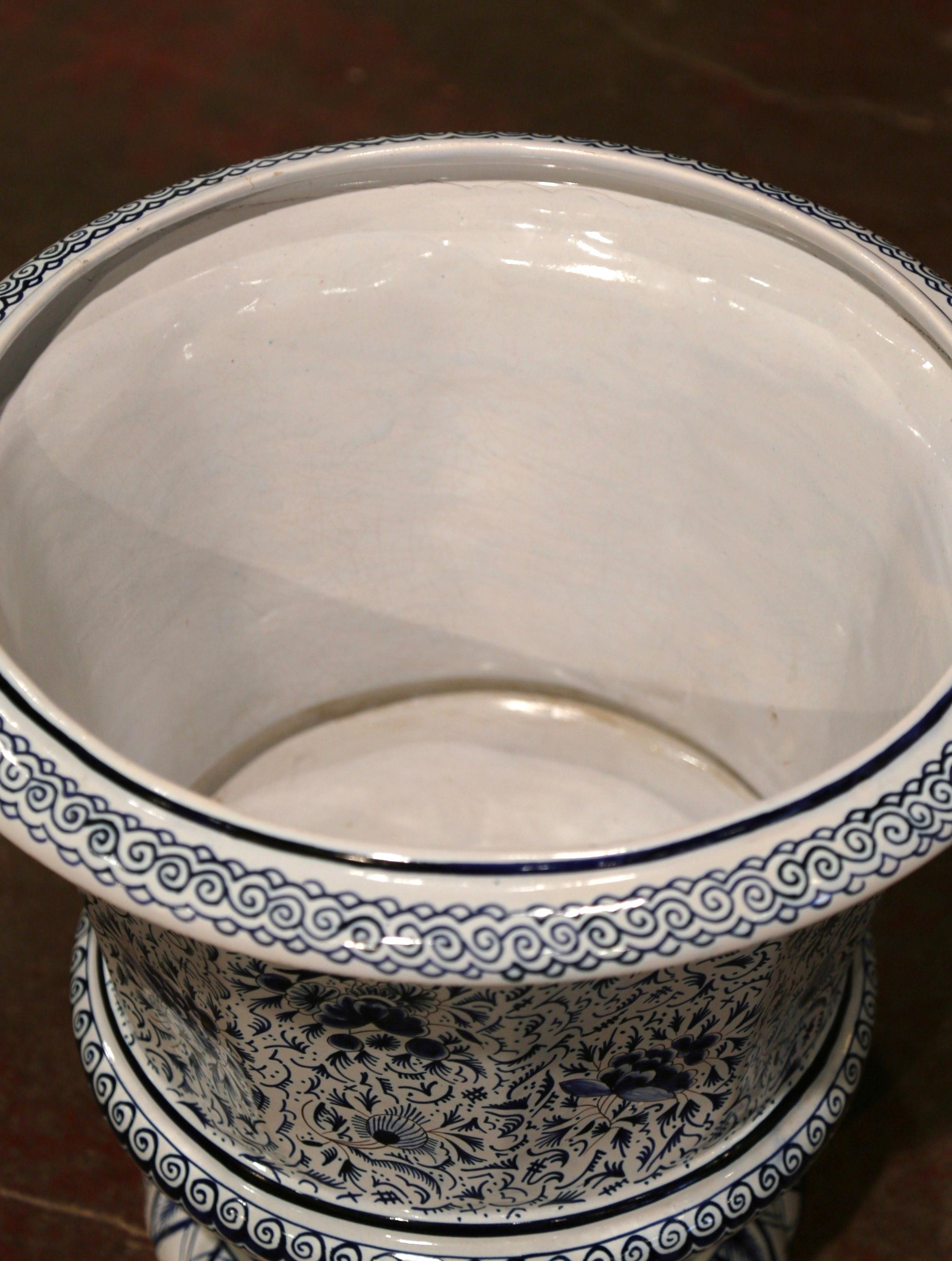 19th Century French Blue and White Faience Cache Pot with Floral and Bird Motifs 1