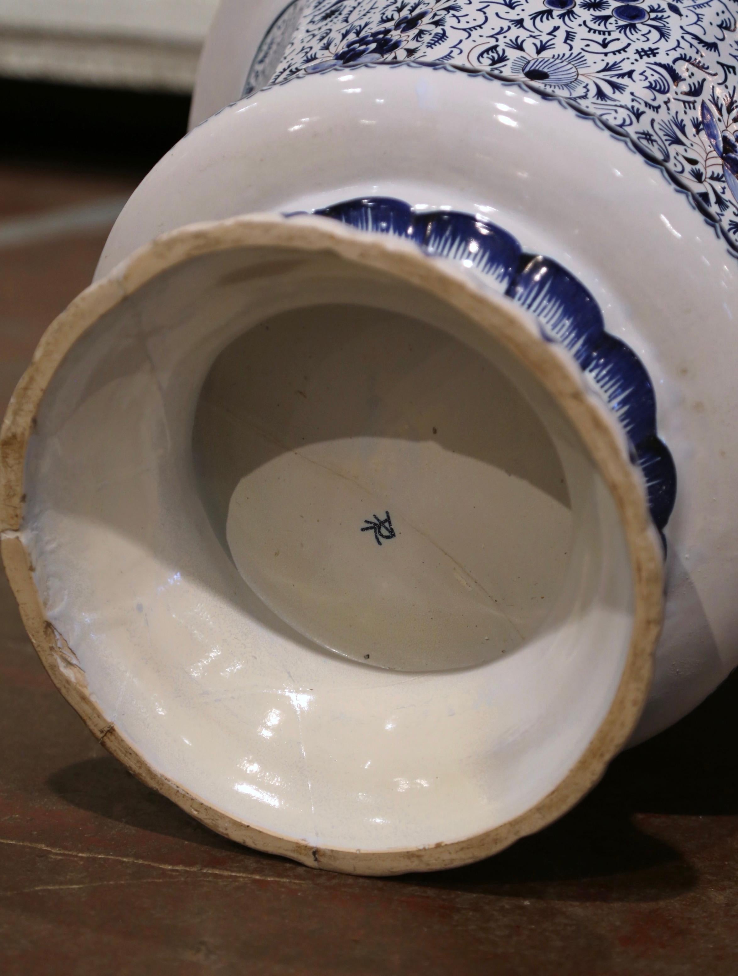 19th Century French Blue and White Faience Cache Pot with Floral and Bird Motifs 3