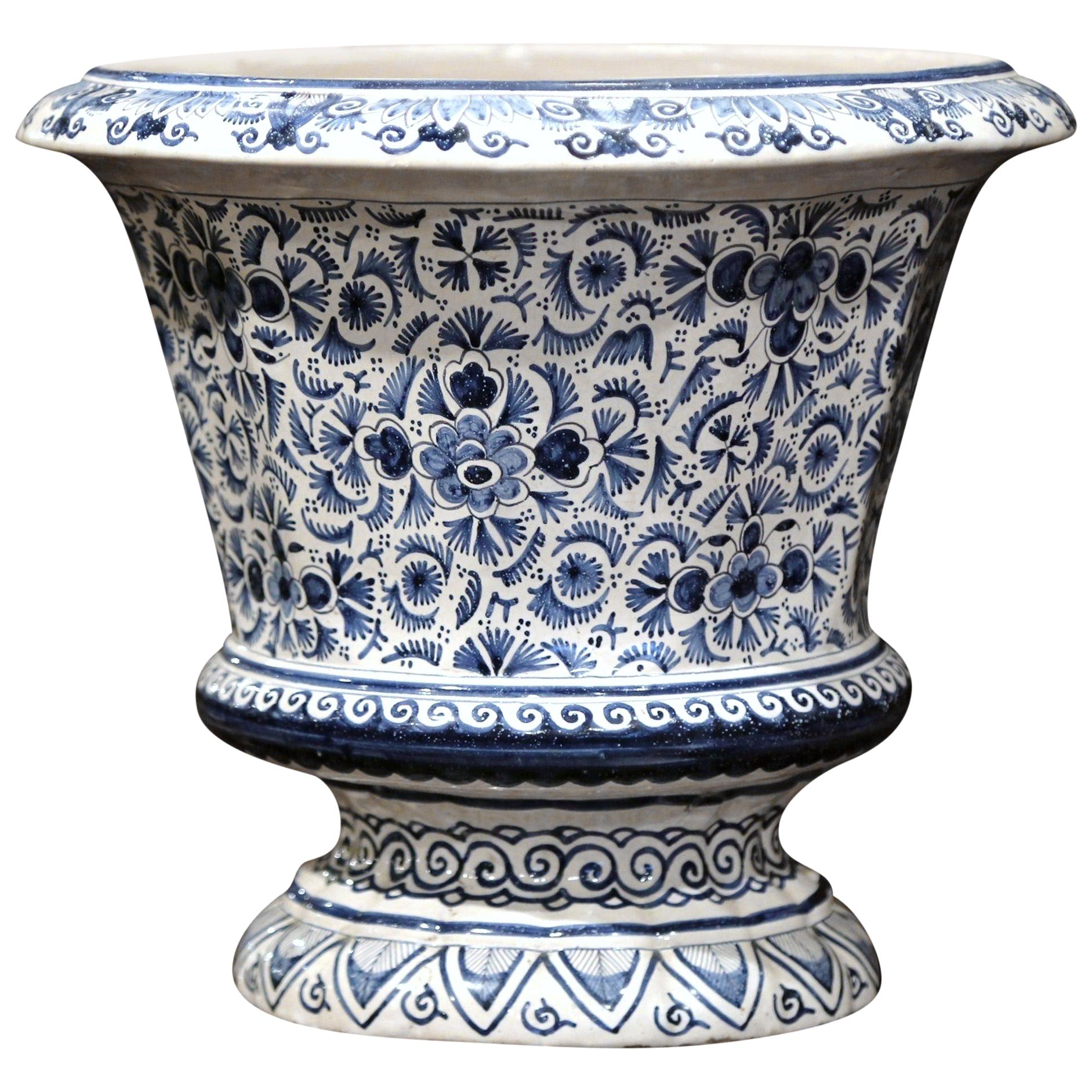 19th Century French Blue and White Faience Cache Pot with Floral Decor