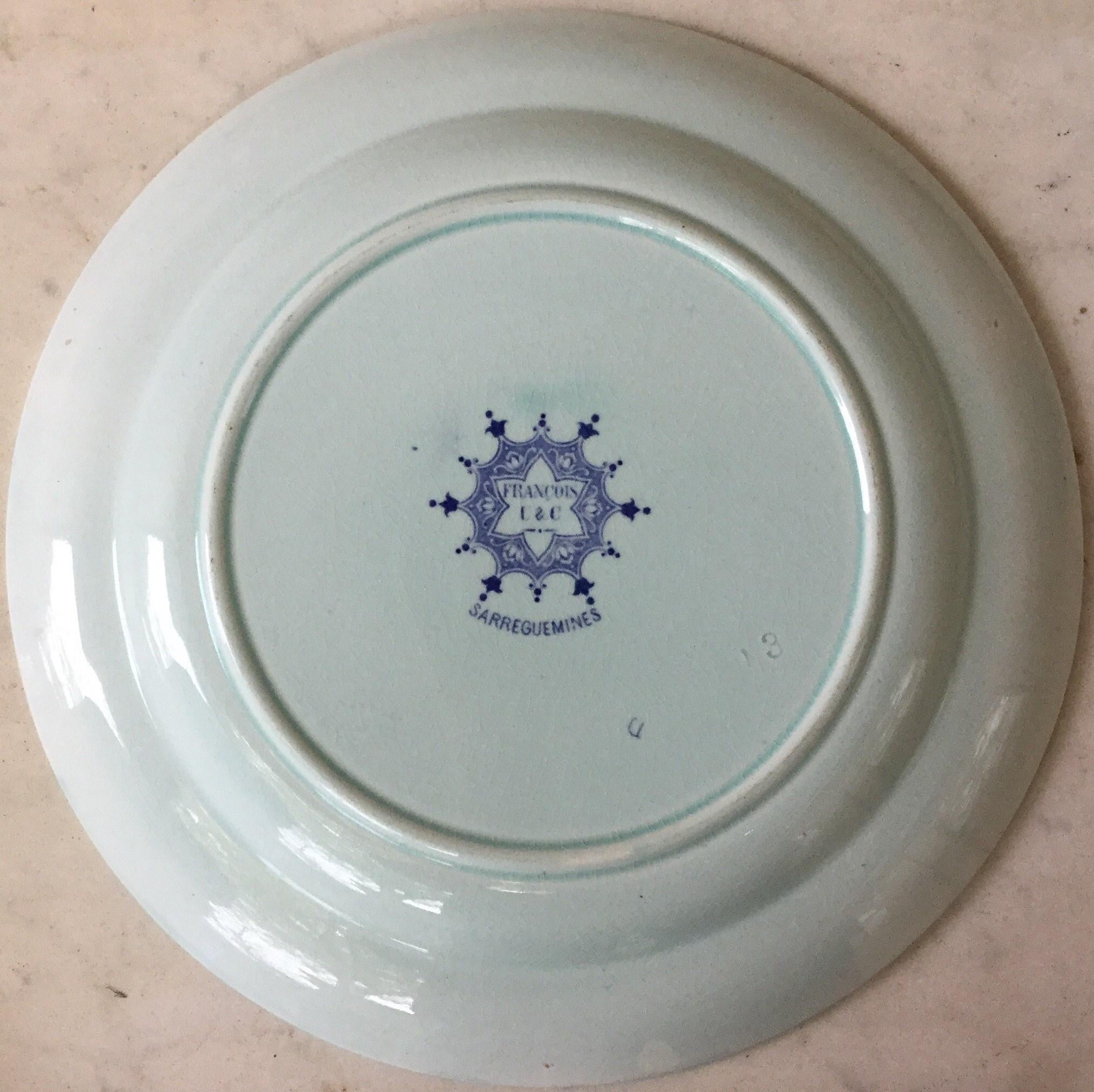 19th Century French Blue and White Faience Dinner Plate Sarreguemines In Good Condition In Austin, TX