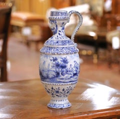 19th Century French Blue and White Faience Ewer with Courting Scene