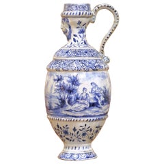 19th Century French Blue and White Faience Ewer with Courting Scene