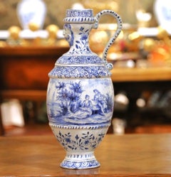 19th Century French Blue and White Faience Ewer with Courting Scene