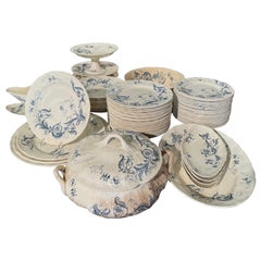 19th Century French Blue and White Gien Porcelain Dinnerware, 67 Pieces
