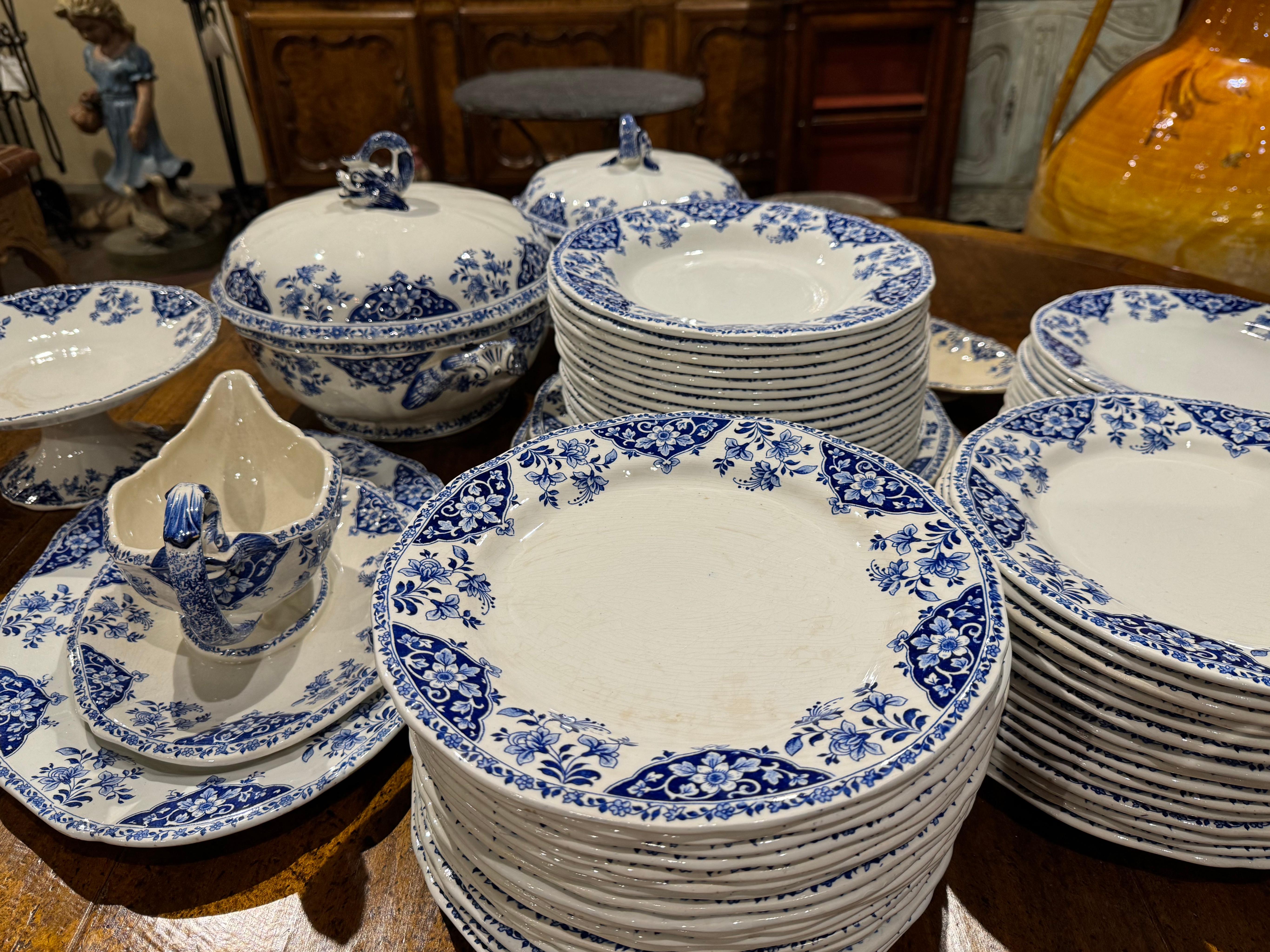 Hand-Painted 19th Century French Blue and White Gien Porcelain Dinnerware, 77 Pieces For Sale
