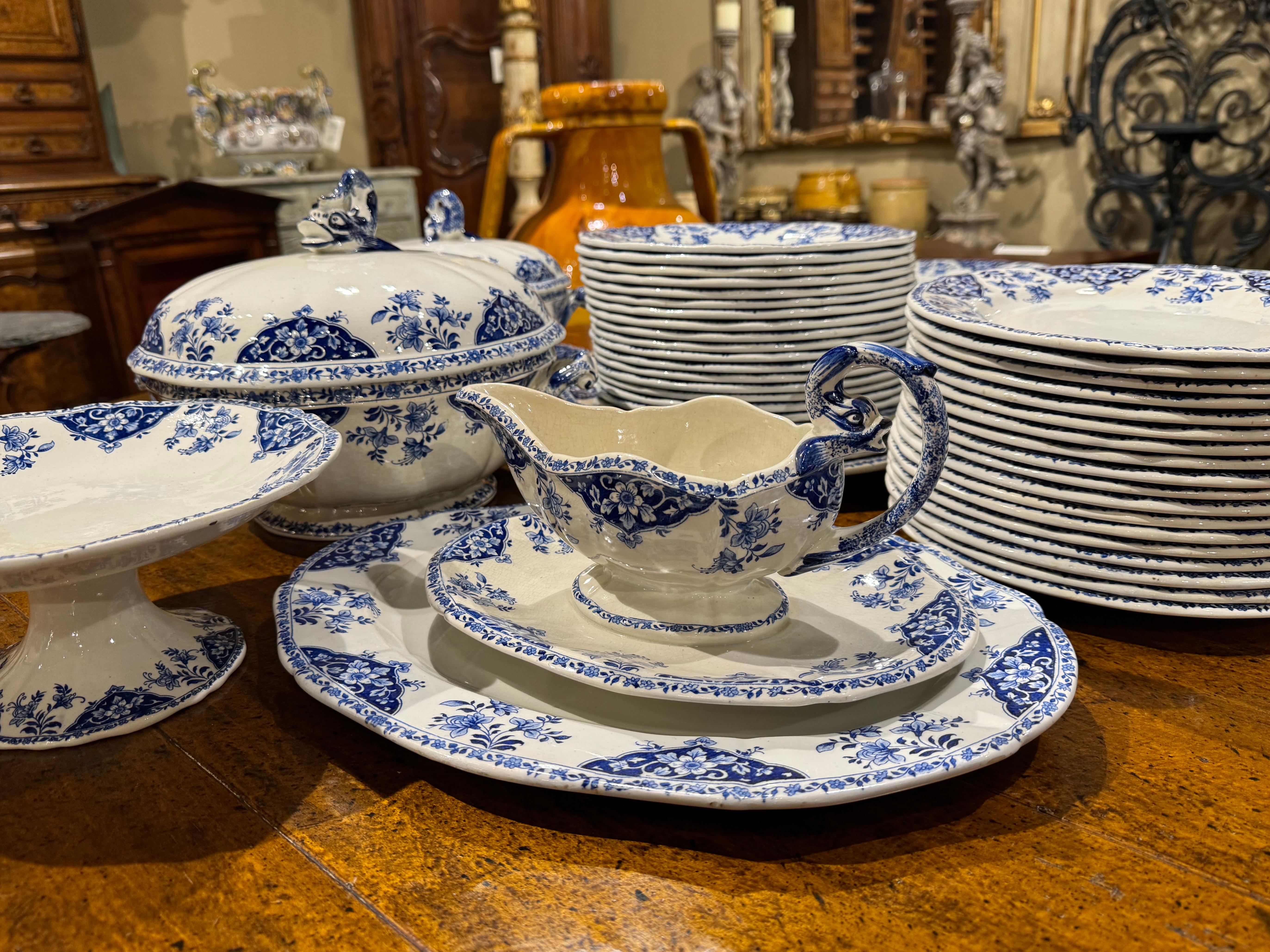 19th Century French Blue and White Gien Porcelain Dinnerware, 77 Pieces In Good Condition For Sale In Dallas, TX