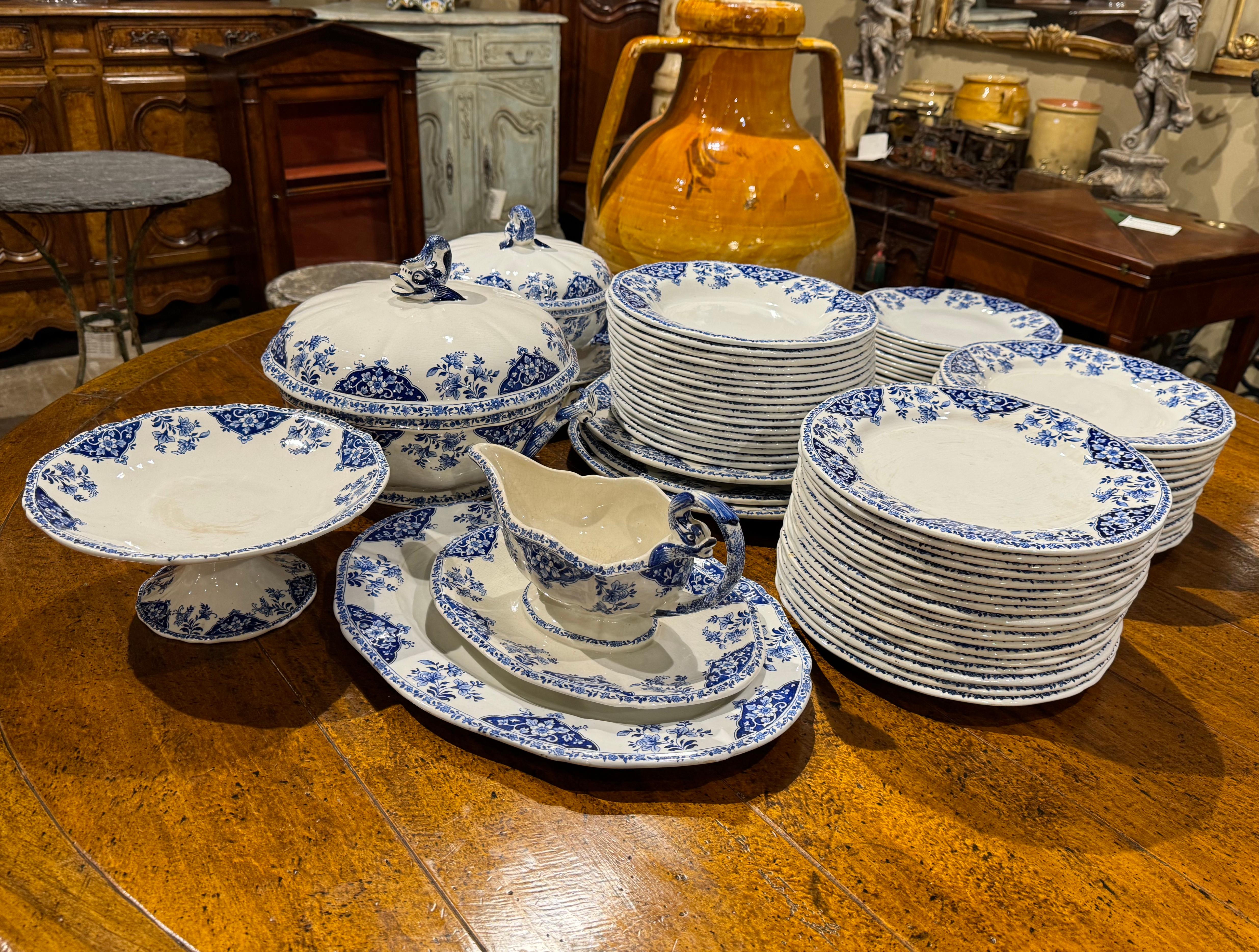 19th Century French Blue and White Gien Porcelain Dinnerware, 77 Pieces For Sale 1