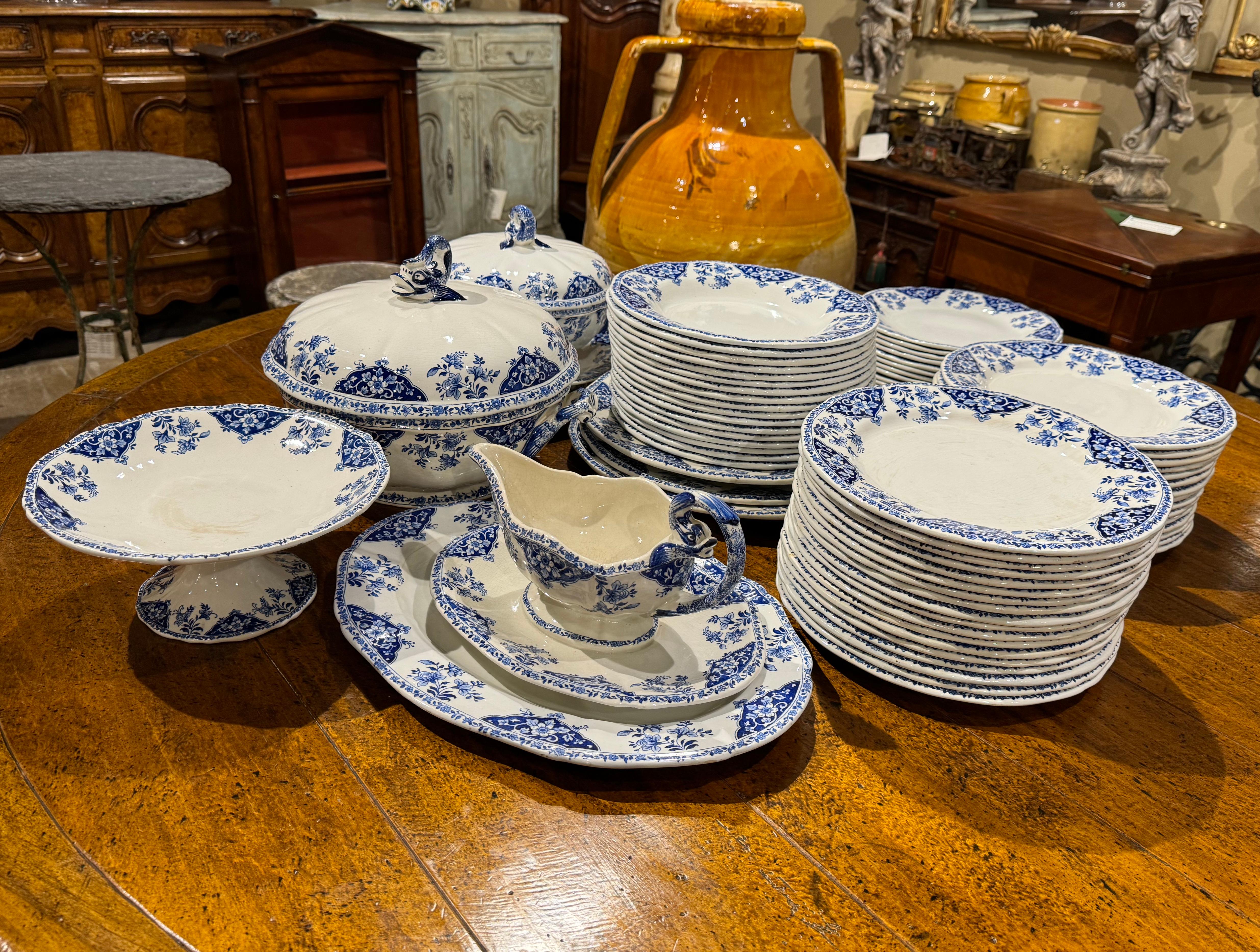 19th Century French Blue and White Gien Porcelain Dinnerware, 77 Pieces In Good Condition In Dallas, TX