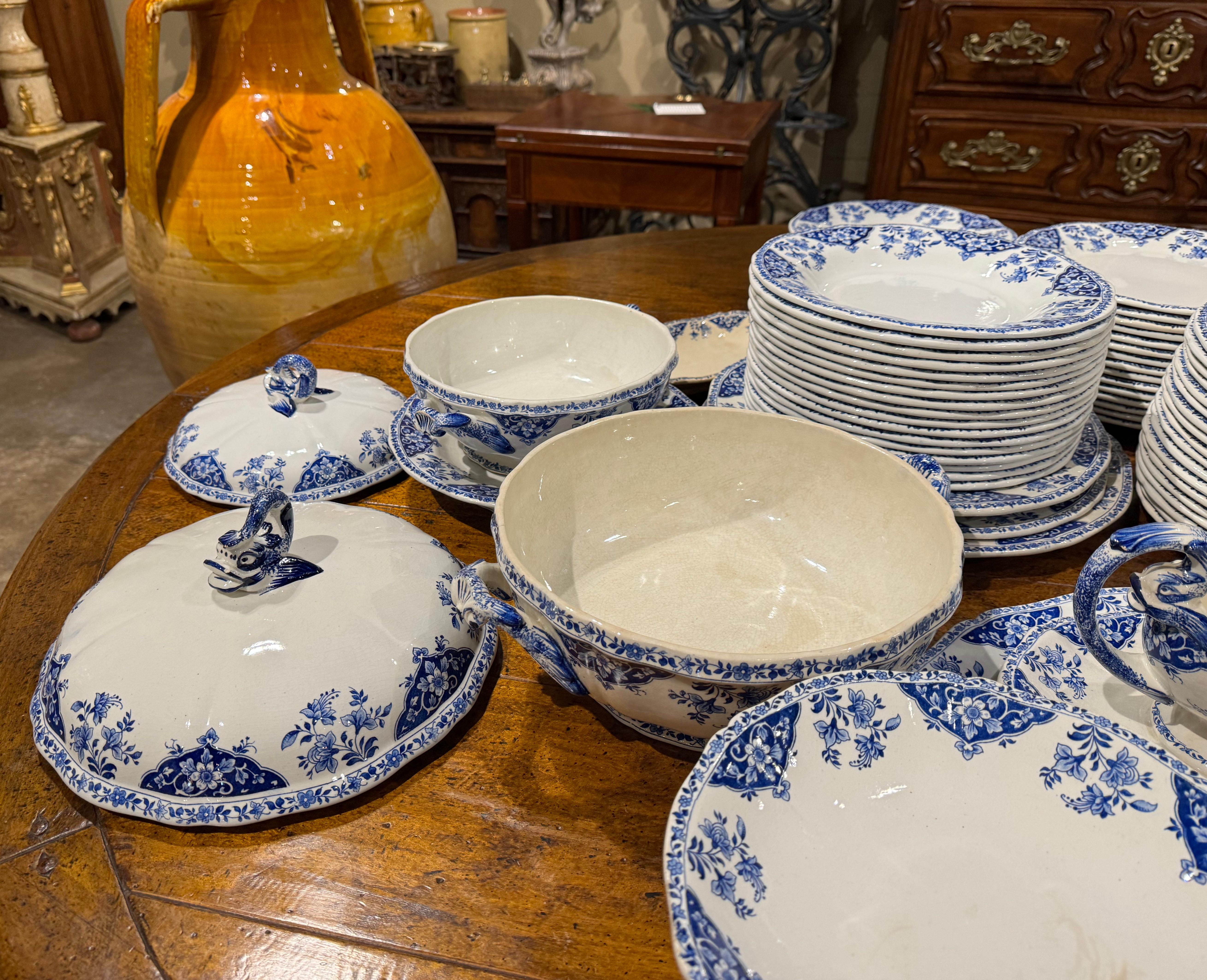 19th Century French Blue and White Gien Porcelain Dinnerware, 77 Pieces For Sale 4