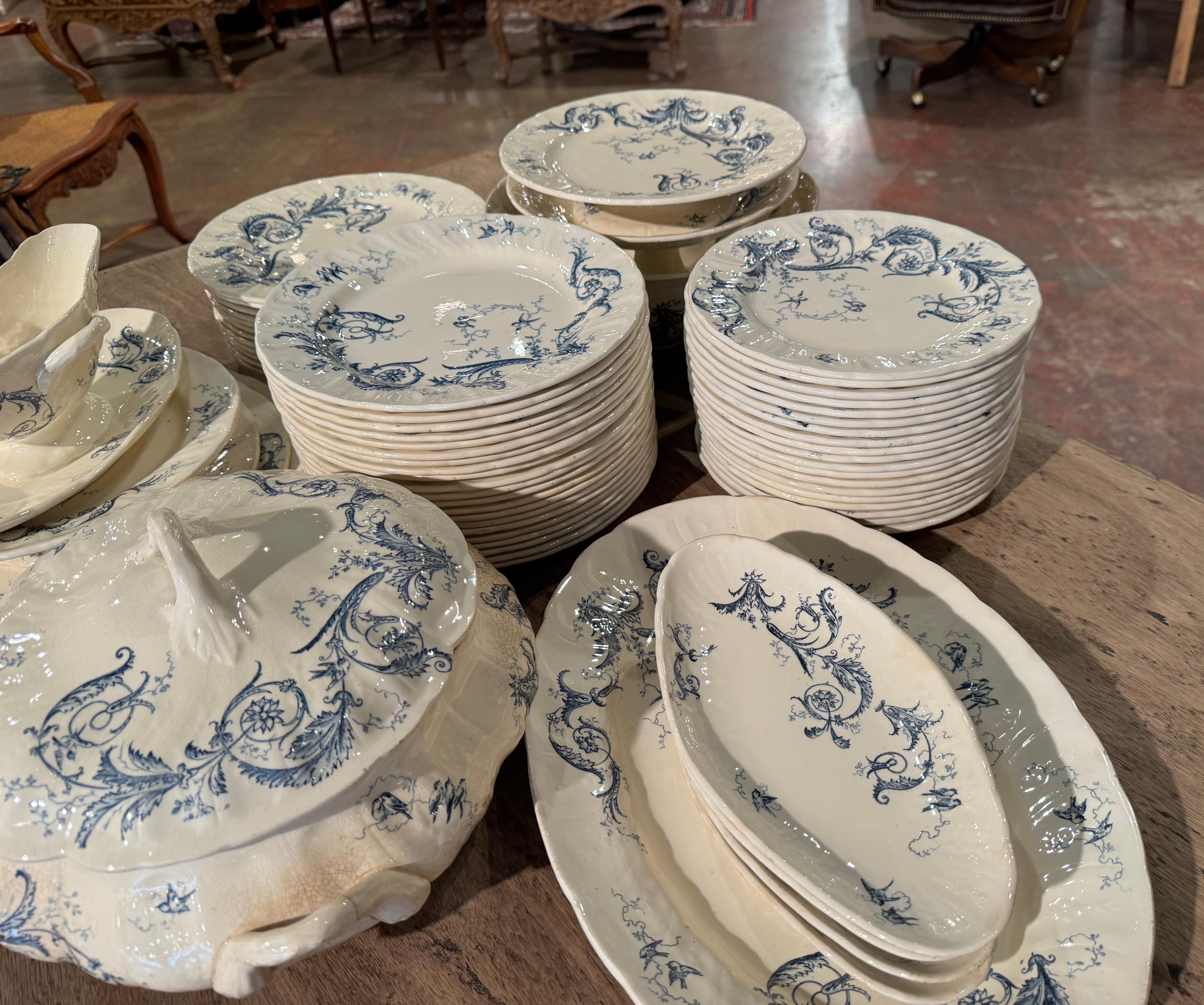 Hand-Painted 19th Century French Blue and White Gien Porcelain Dinnerware, 67 Pieces For Sale