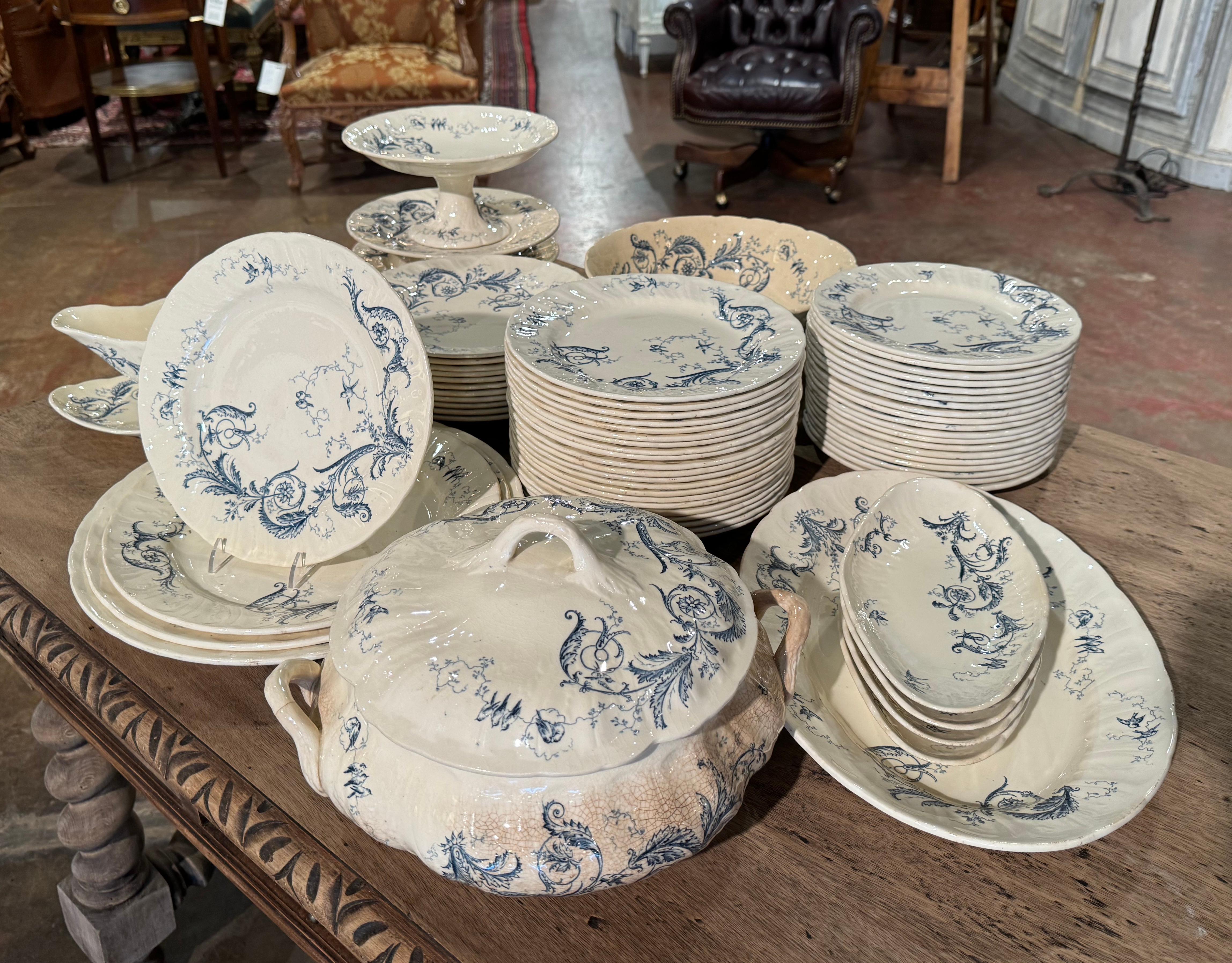 19th Century French Blue and White Gien Porcelain Dinnerware, 67 Pieces For Sale 1