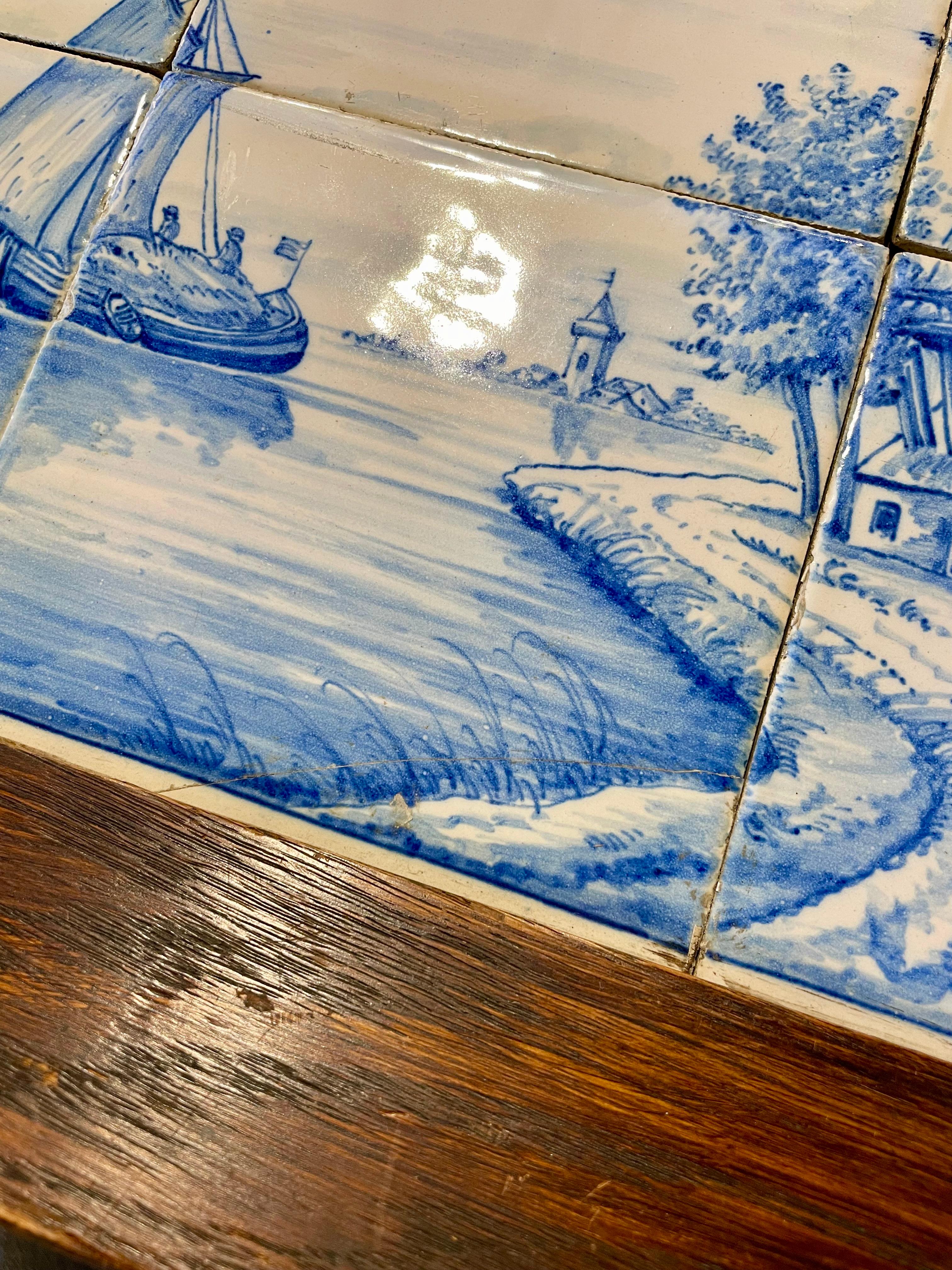 19th Century French Blue and White Painted Faience Delft Tile in Oak Frame 4