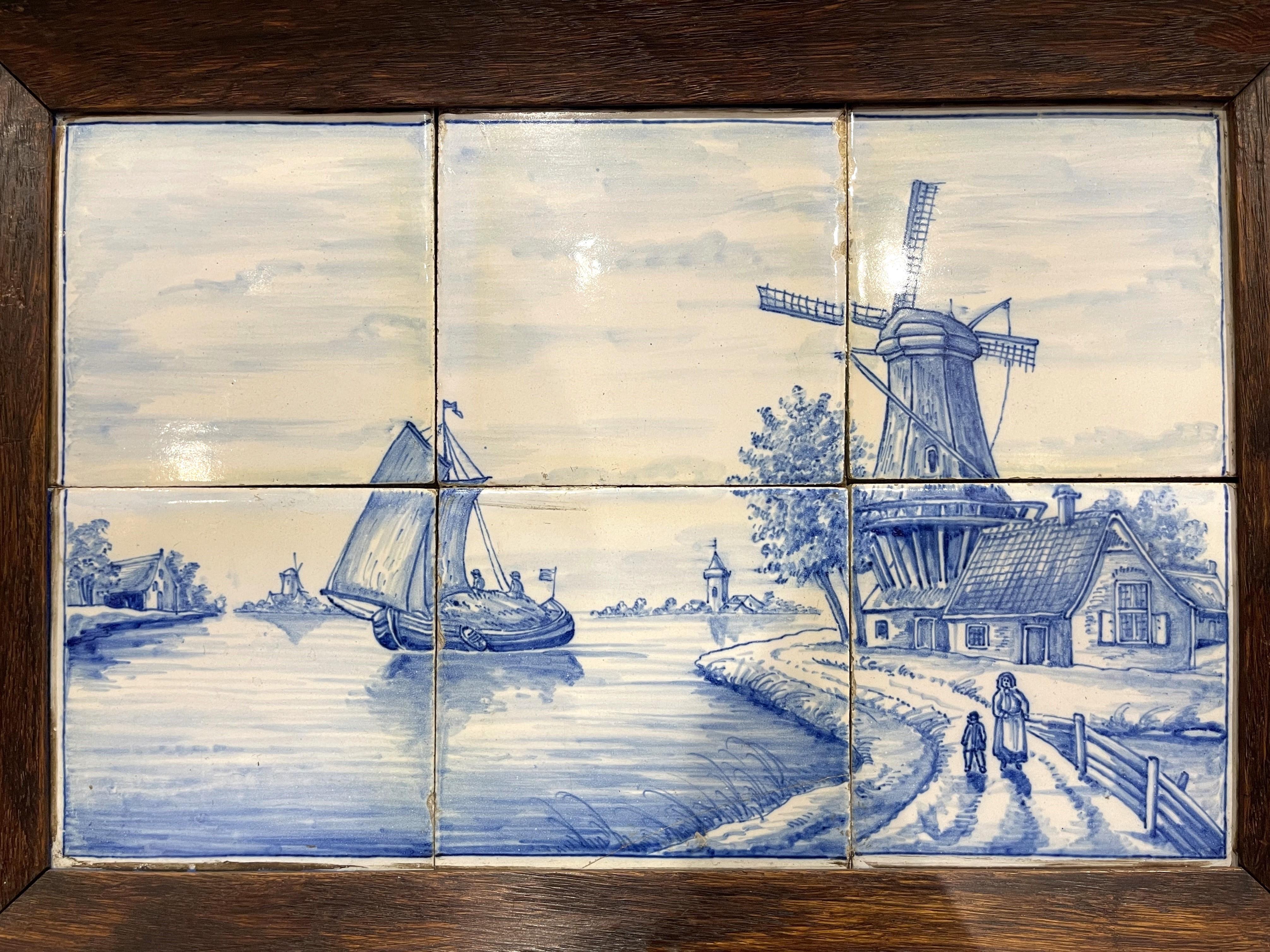 Hand-Crafted 19th Century French Blue and White Painted Faience Delft Tile in Oak Frame
