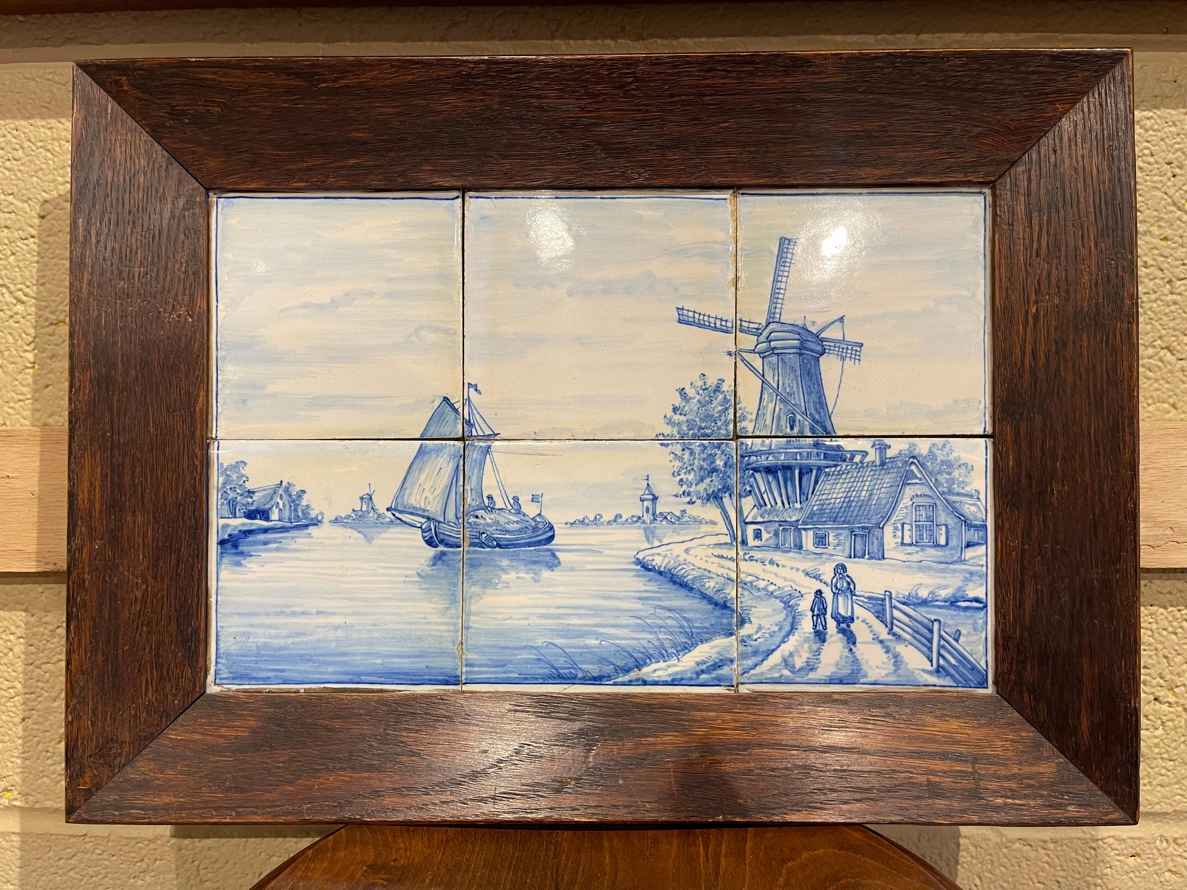 Ceramic 19th Century French Blue and White Painted Faience Delft Tile in Oak Frame
