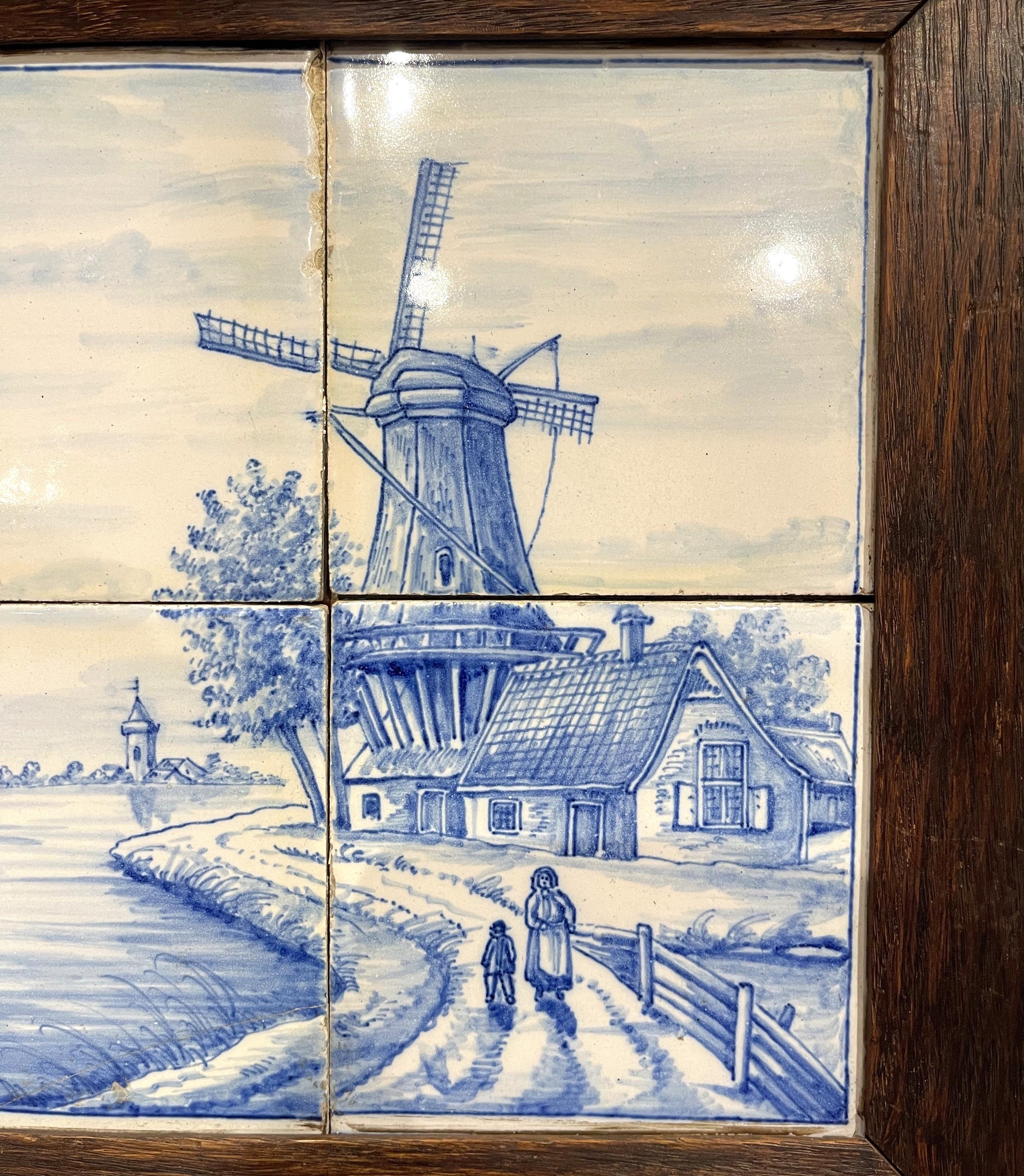 19th Century French Blue and White Painted Faience Delft Tile in Oak Frame 3