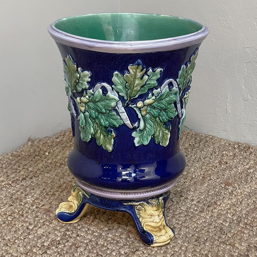 Beaux Arts 19th Century French Blue Barbotine Jardiniere with Stand For Sale