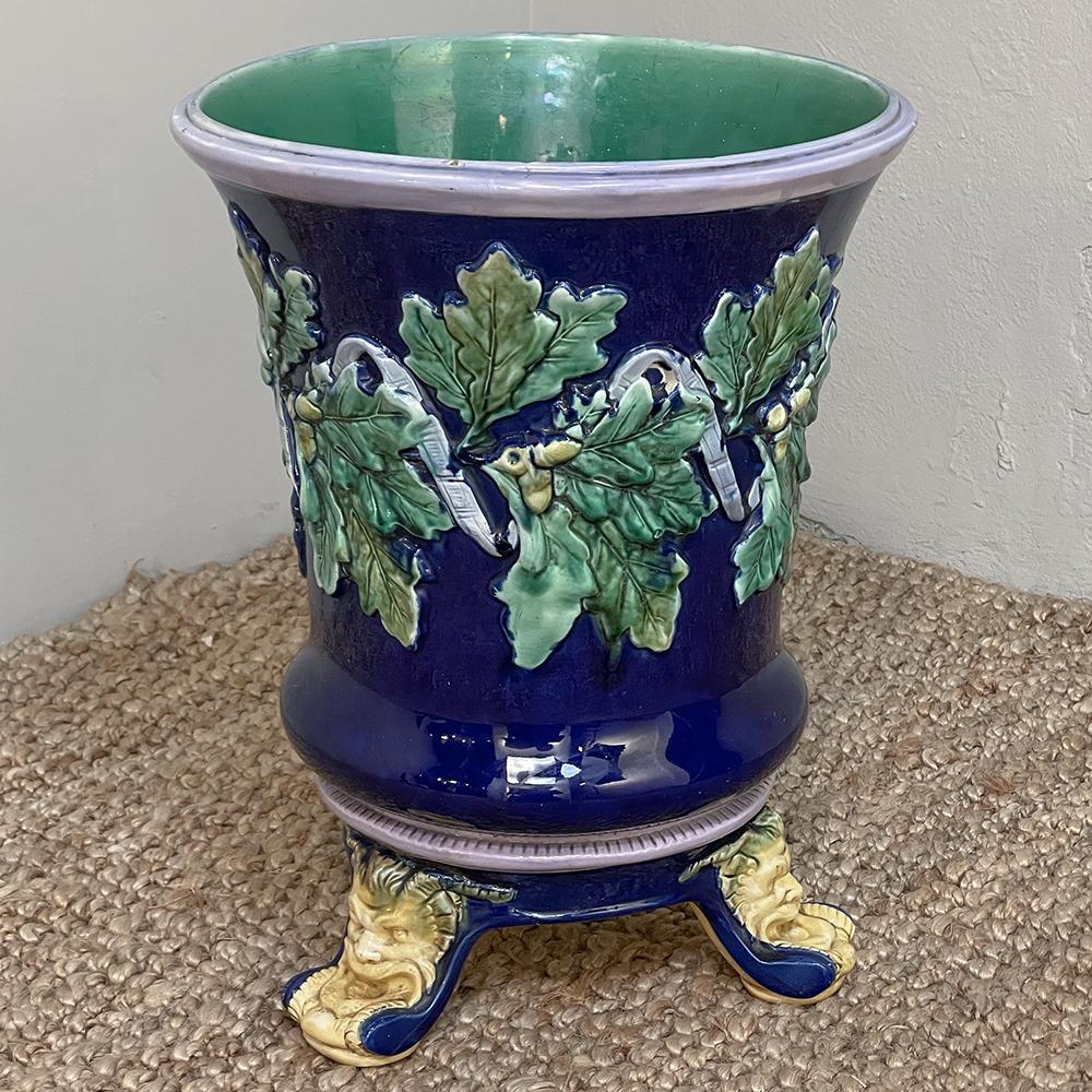 Hand-Painted 19th Century French Blue Barbotine Jardiniere with Stand For Sale