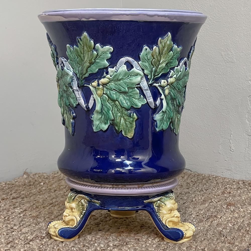 Late 19th Century 19th Century French Blue Barbotine Jardiniere with Stand For Sale