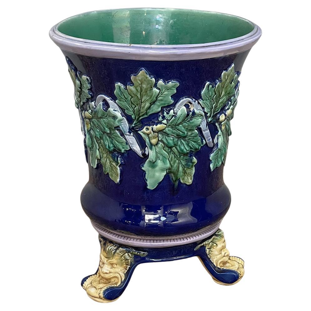 19th Century French Blue Barbotine Jardiniere with Stand For Sale