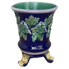19th Century French Blue Barbotine Jardiniere with Stand