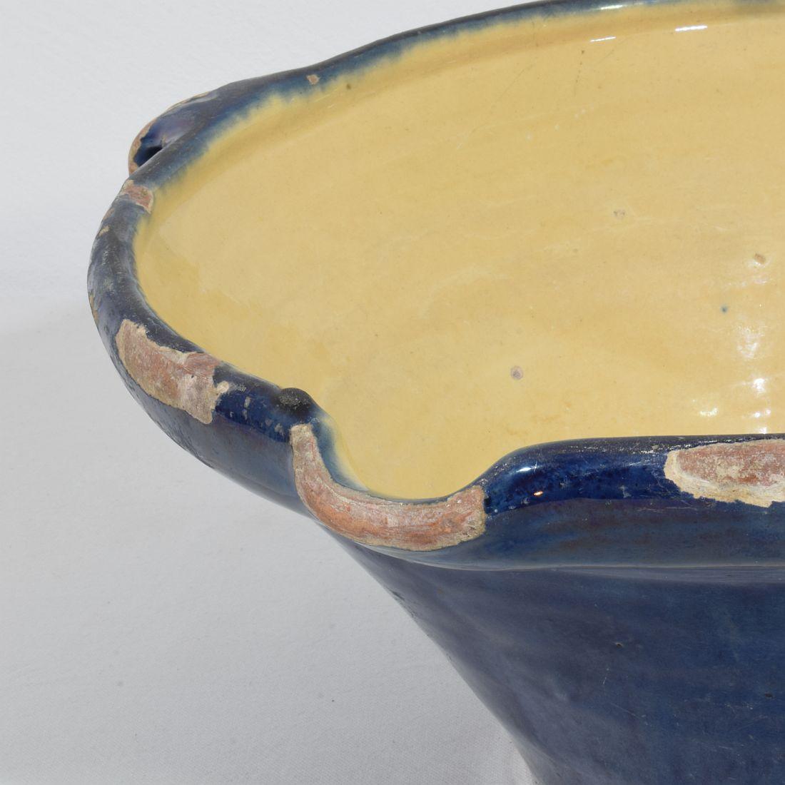 19th Century French Blue Glazed Terracotta Dairy Bowl or Tian For Sale 7