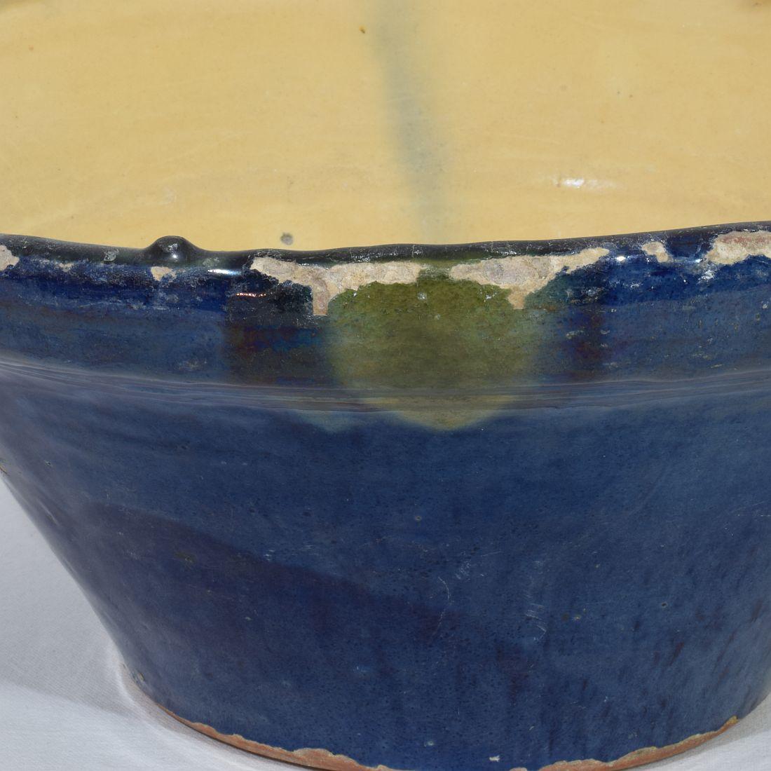 19th Century French Blue Glazed Terracotta Dairy Bowl or Tian For Sale 8