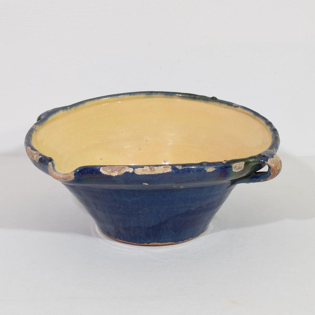 French Provincial 19th Century French Blue Glazed Terracotta Dairy Bowl or Tian For Sale