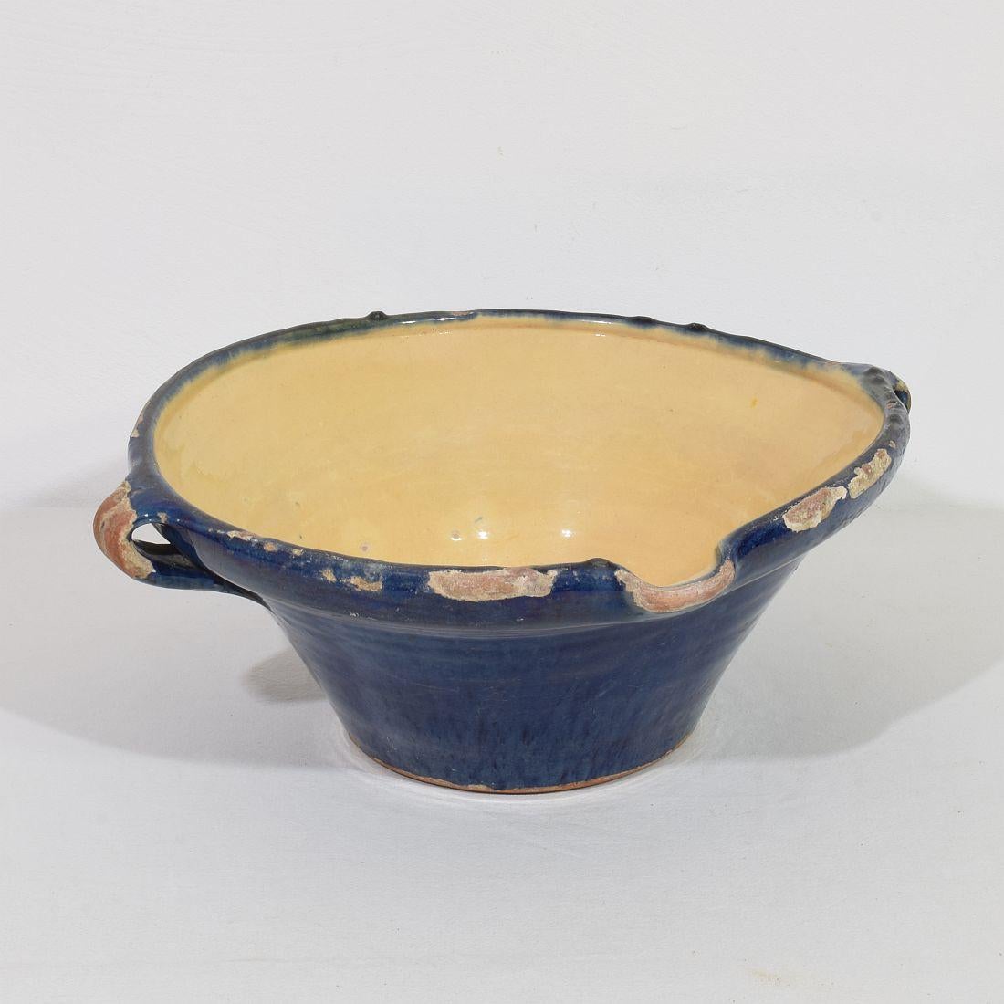 Hand-Crafted 19th Century French Blue Glazed Terracotta Dairy Bowl or Tian For Sale