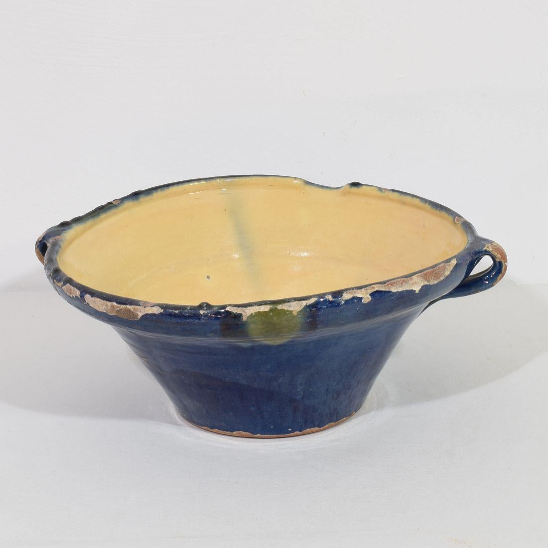 19th Century French Blue Glazed Terracotta Dairy Bowl or Tian For Sale 1