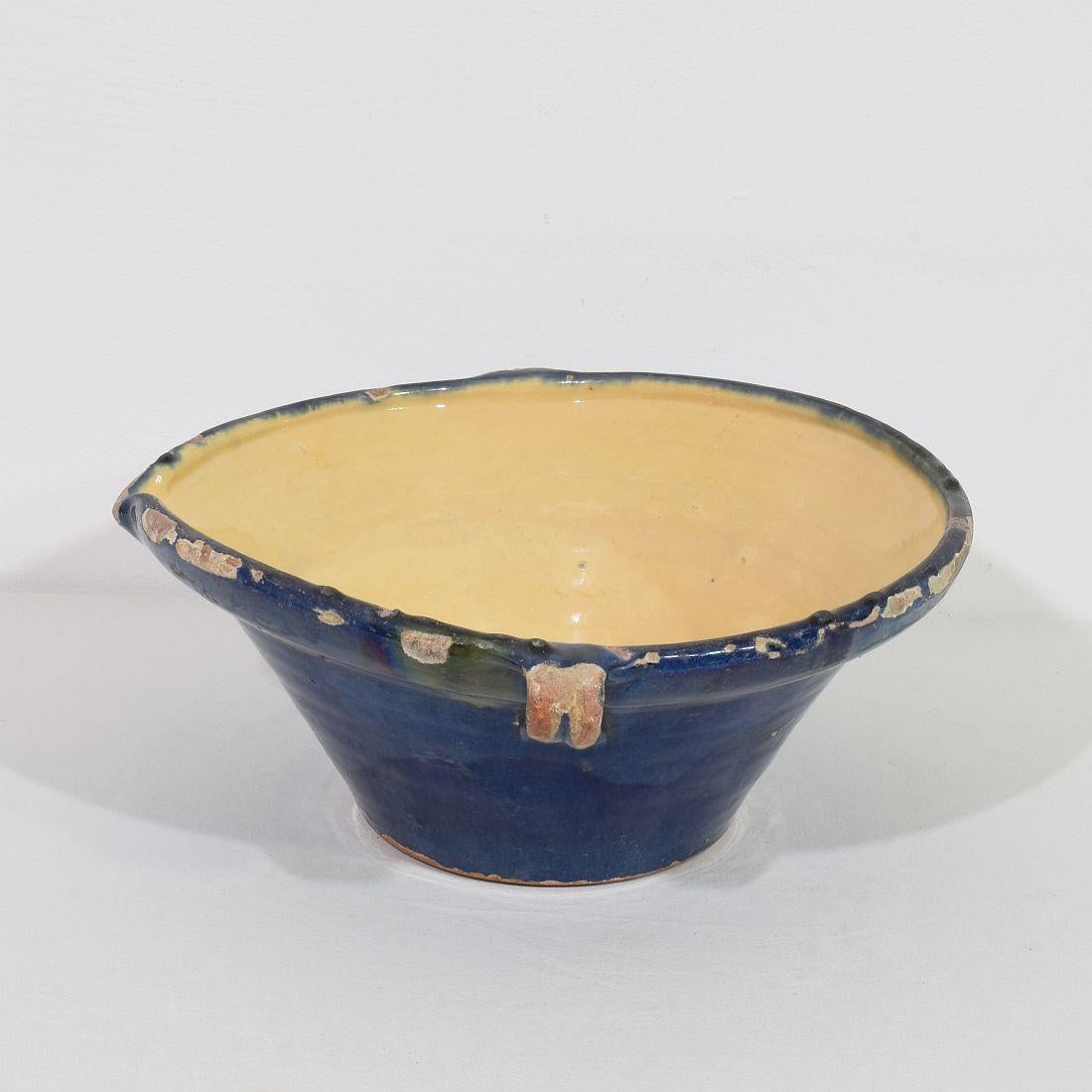 19th Century French Blue Glazed Terracotta Dairy Bowl or Tian For Sale 2