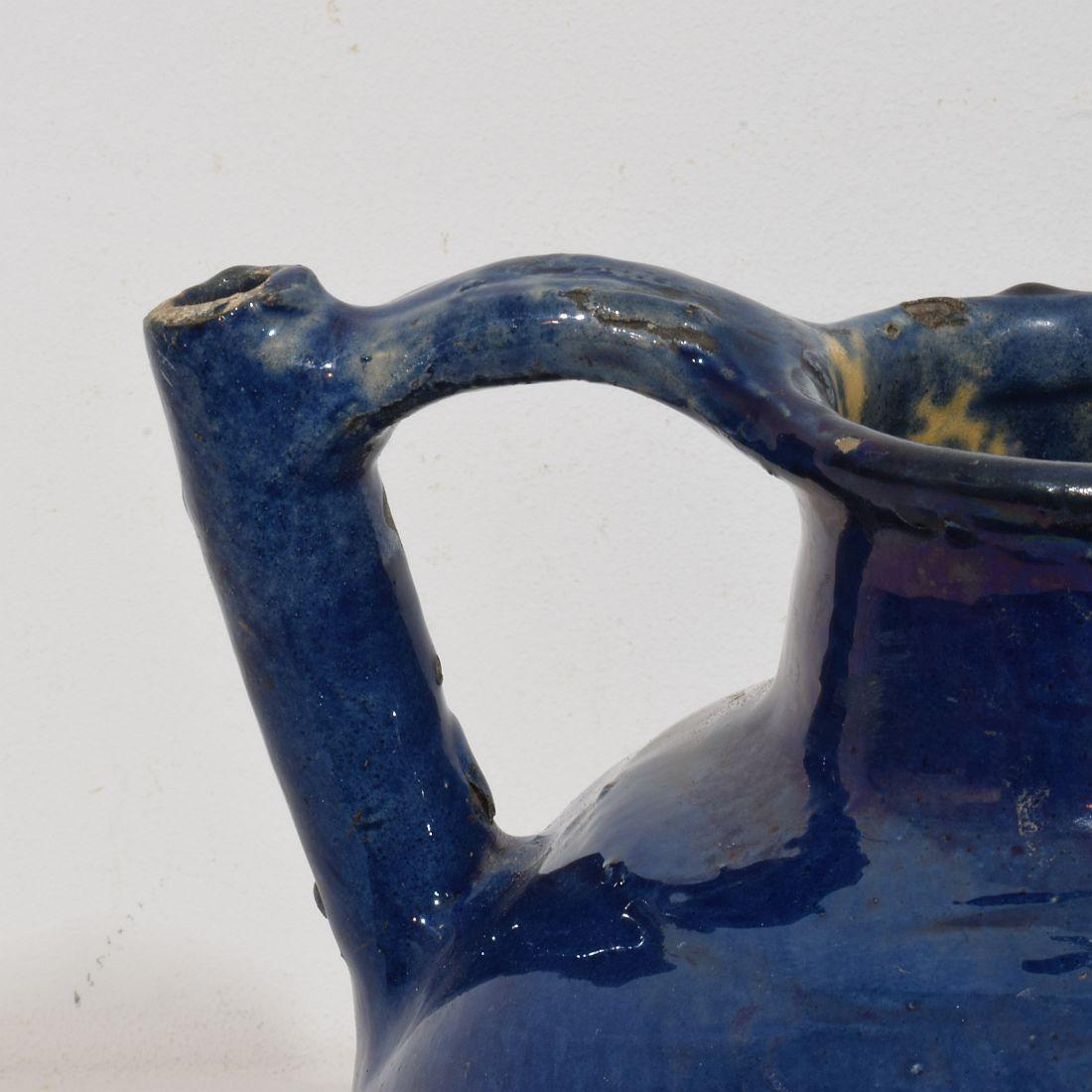 19th Century French Blue Glazed Terracotta Jug or Water Cruche For Sale 8