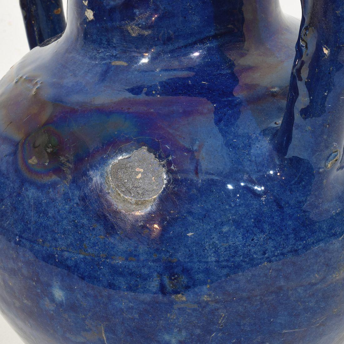 19th Century French Blue Glazed Terracotta Jug or Water Cruche For Sale 11