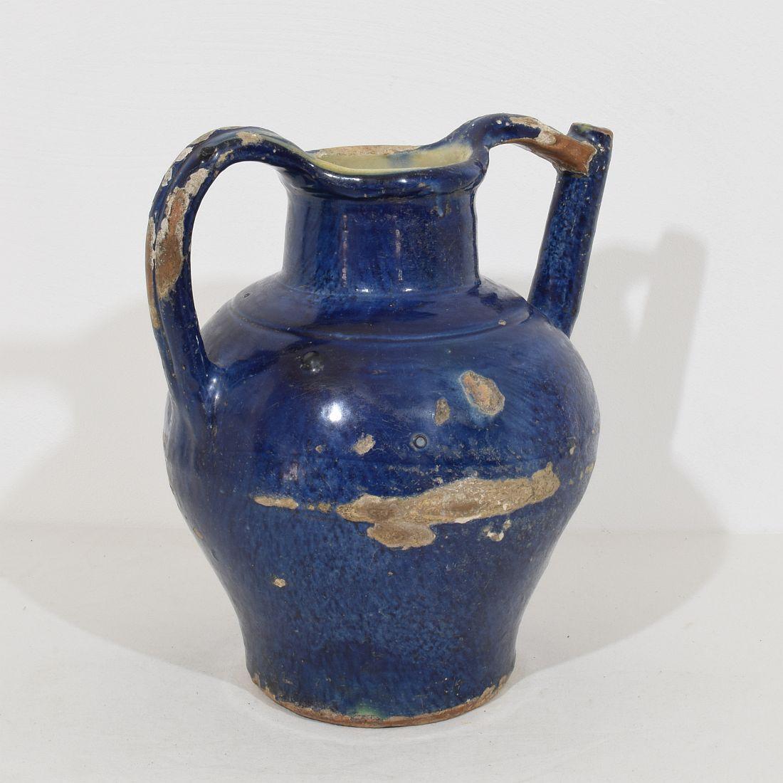 French Provincial 19th Century French Blue Glazed Terracotta Jug or Water Cruche