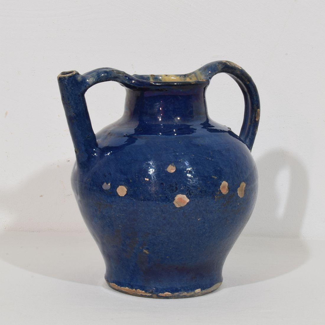French Provincial 19th Century French Blue Glazed Terracotta Jug or Water Cruche For Sale
