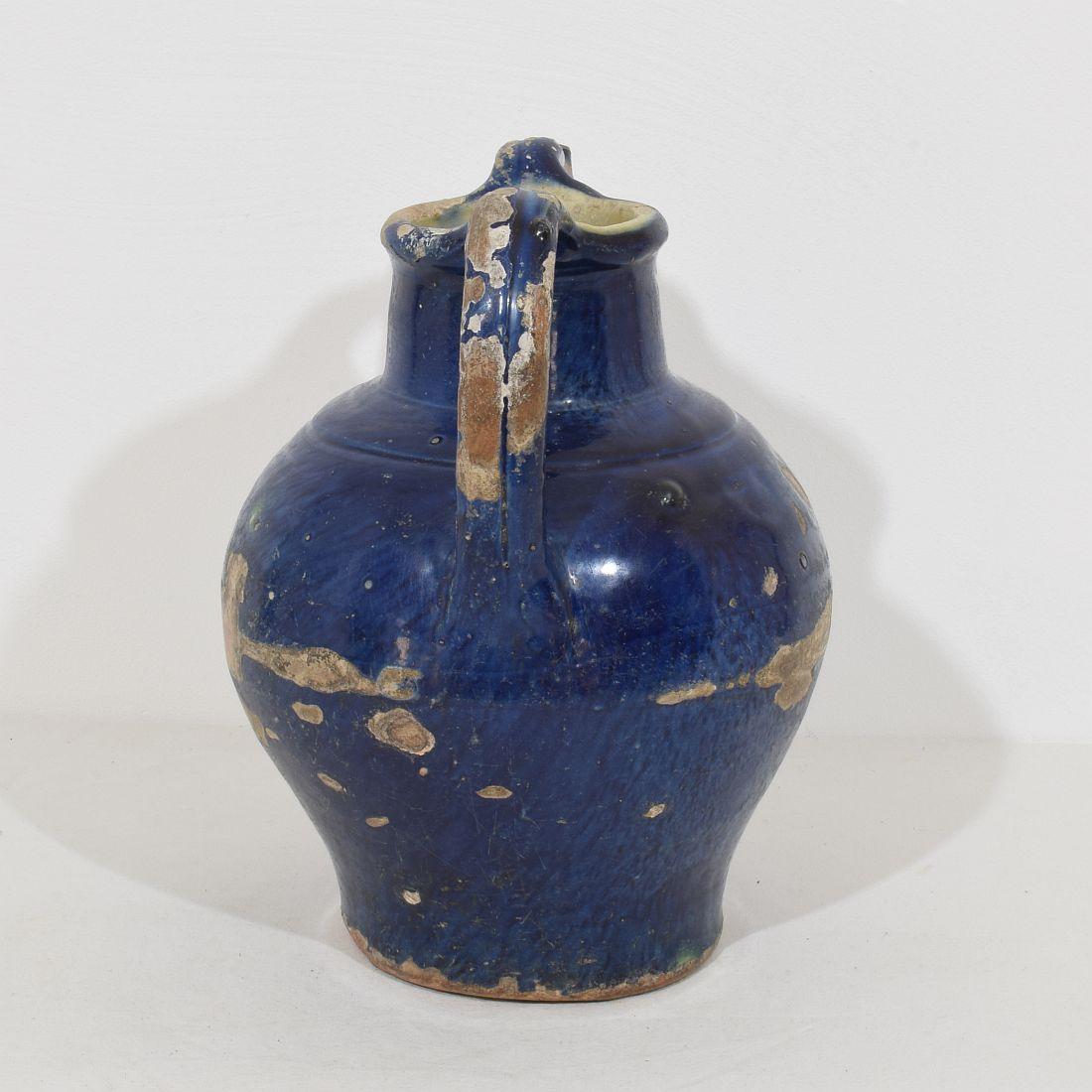 19th Century French Blue Glazed Terracotta Jug or Water Cruche In Good Condition In Buisson, FR