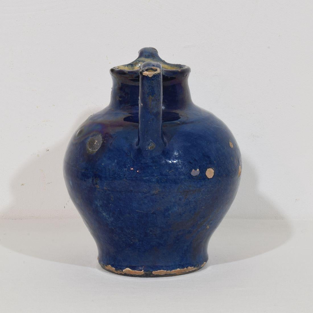 19th Century French Blue Glazed Terracotta Jug or Water Cruche In Good Condition For Sale In Buisson, FR